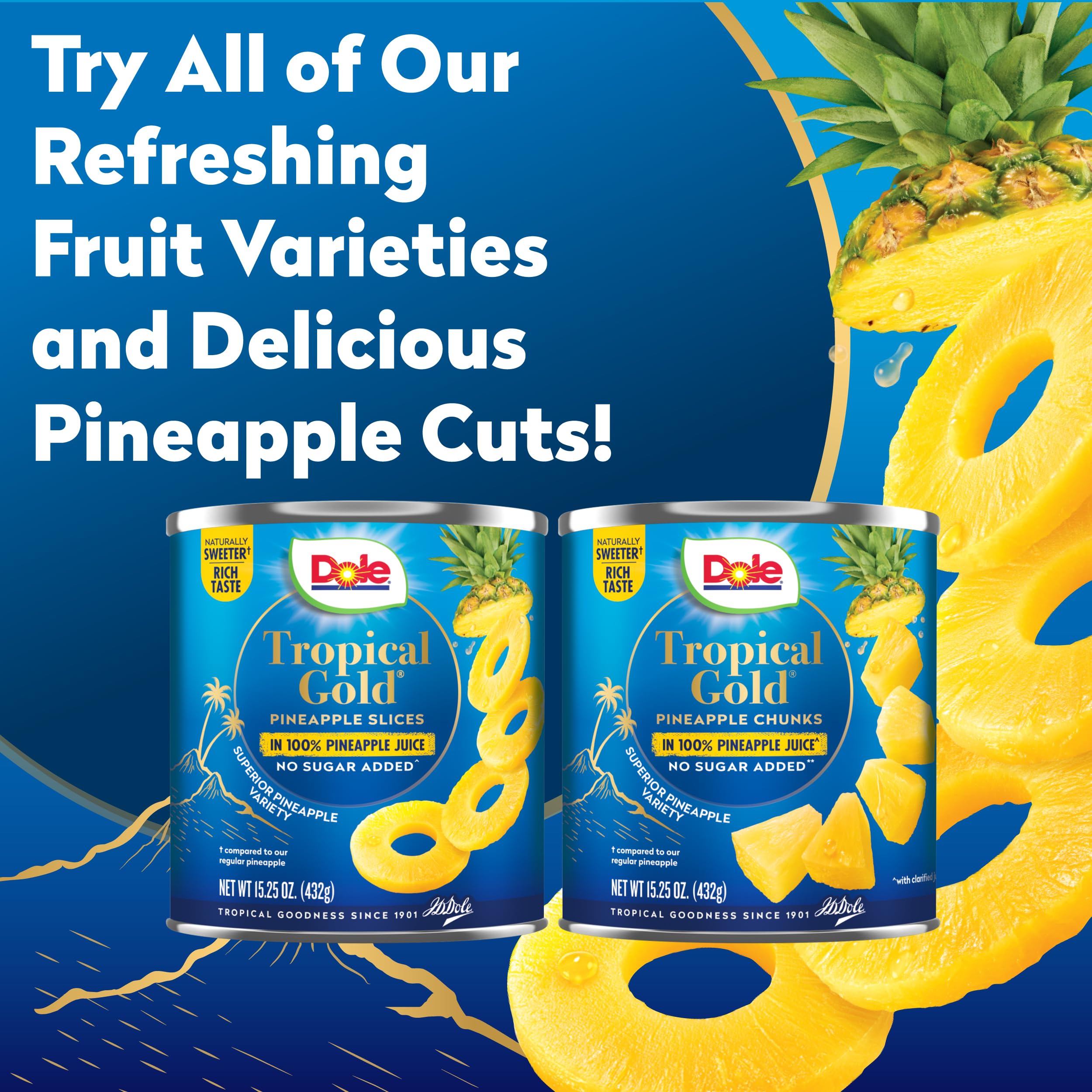 Dole Canned Pineapple Chunks in 100% Juice - Tropical Gold, Gluten Free, No Sugar Added, 15.25 Oz (Pack of 12) | Perfect for Smoothies, Desserts & Healthy Snacks