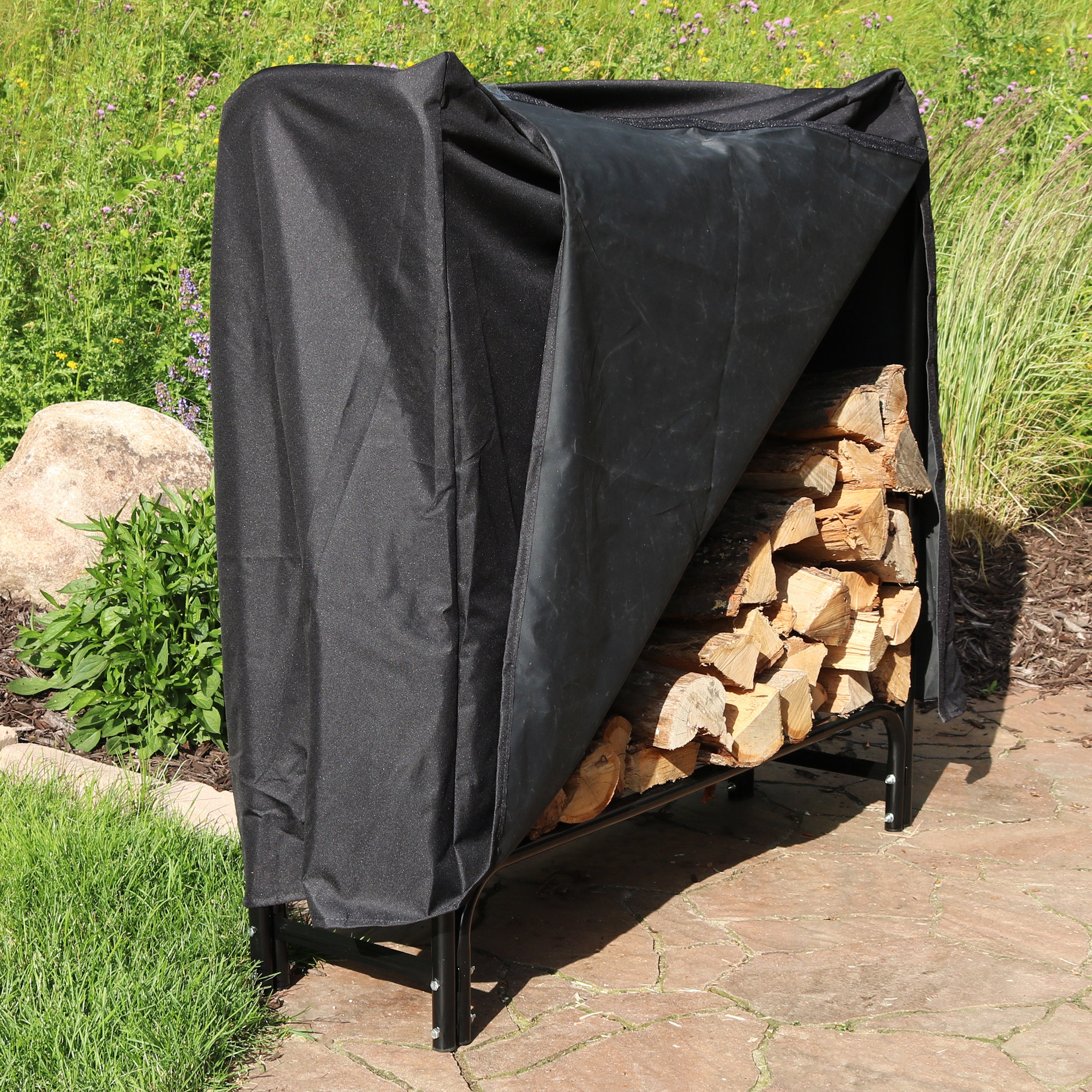 Sunnydaze Outdoor Firewood Log Rack with Cover Combo - Black | Heavy Duty Steel Firewood Holder for Patio, Deck & Backyard | Weatherproof Storage for Fireplace & Camping
