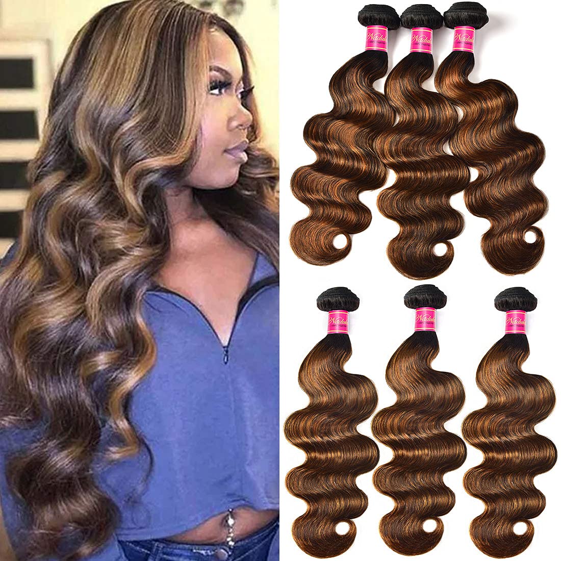 Nadula 12A Brown Balayage Ombre Body Wave Brazilian Human Hair Weave 3 Bundles - Remy Hair Extensions in Chocolate Brown Ombre Color (24, 26, 28 Inches) for Stunning Beach Waves & Everyday Glamour