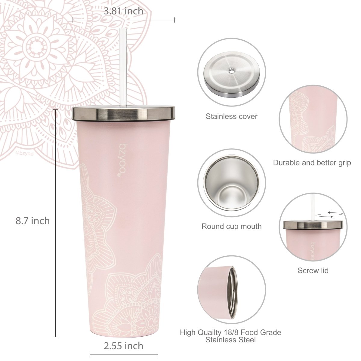 24oz Double Wall Vacuum Insulated Stainless Steel Tumbler with Straw Lid - La La Mandala Pink | Leakproof Travel Mug for Hot & Cold Drinks | Perfect for Gym, Office, Hiking & Outdoor Activities