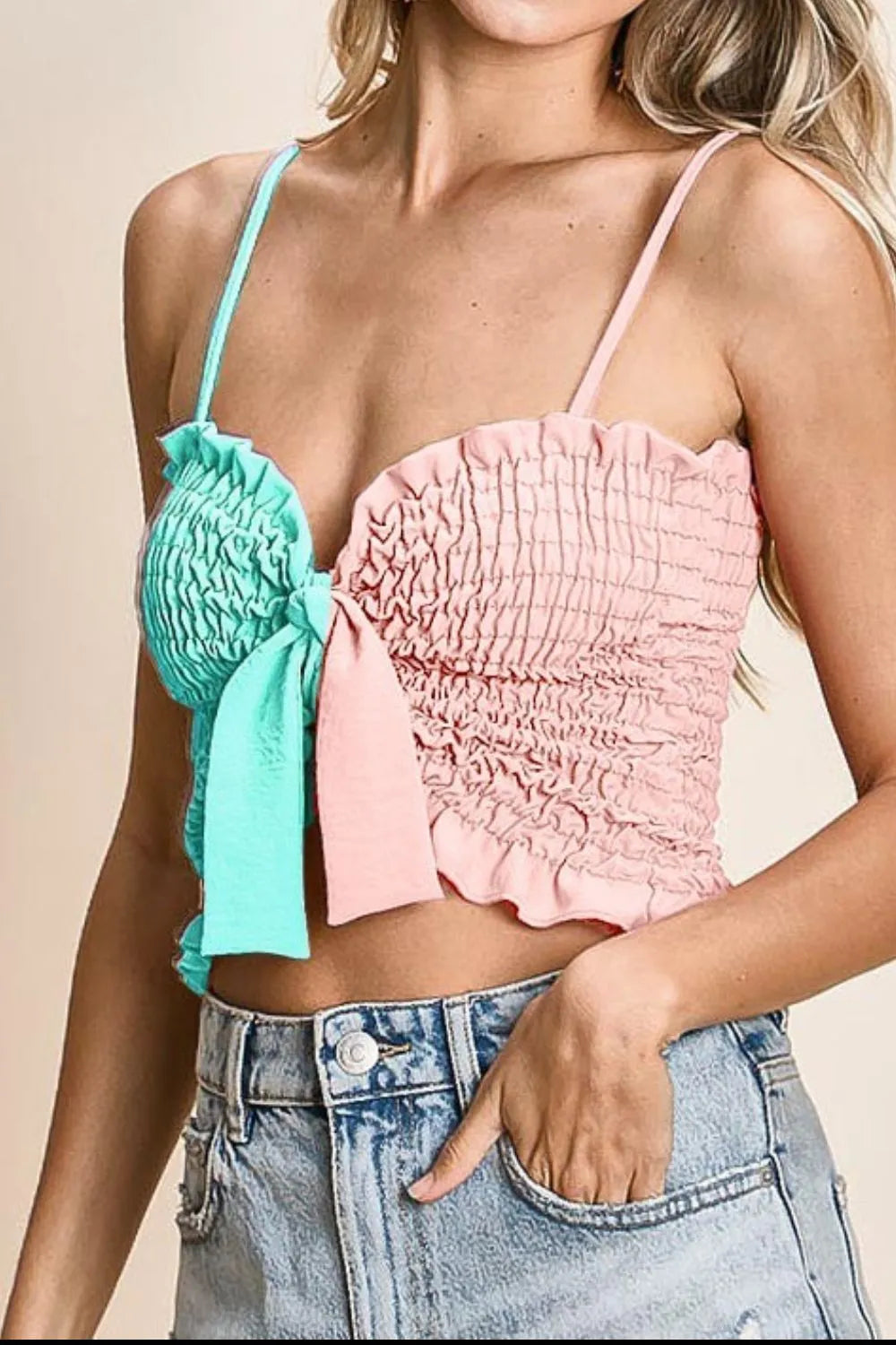 BiBi Woven Color Block Smocked Ribbon Bra Top - Women's Fashion Bralette for Summer, Beach, and Casual Outfits