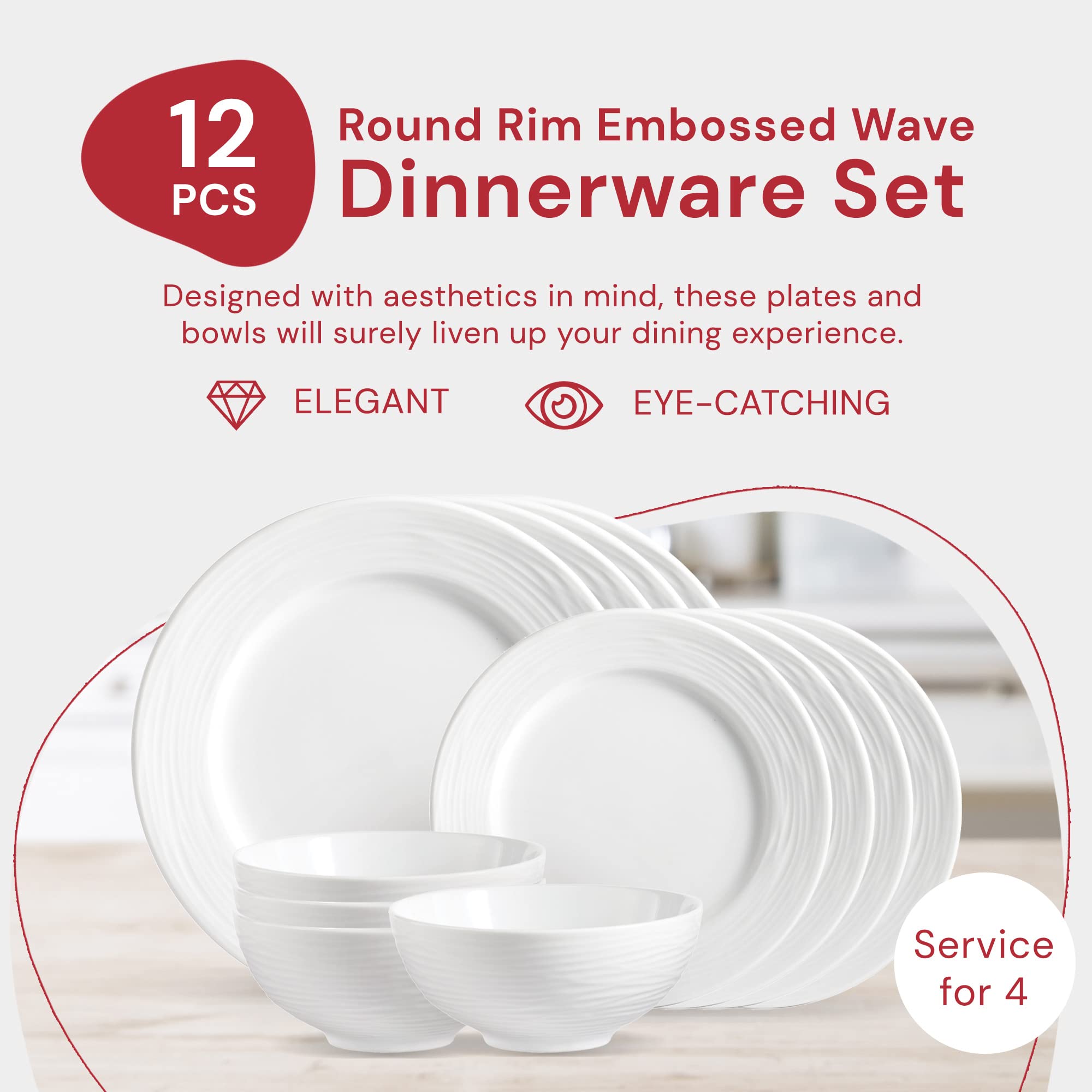 Safdie & Co. 12-Piece White Porcelain Dinnerware Set - 4 Dinner Plates, 4 Salad Plates & 4 Bowls - Dishwasher & Microwave Safe - Elegant Table Setting for Everyday Meals & Dinner Parties