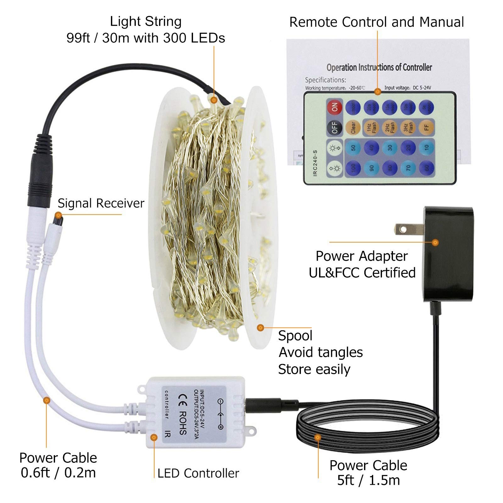 RUICHEN 99 Ft 300 LED Dimmable Fairy String Lights with Remote - Waterproof Silver Wire Plug-in Twinkle Lights for Indoor & Outdoor Use | Perfect for Bedroom, Patio, Yard Decor, Christmas, Halloween, Party & Wedding Lighting