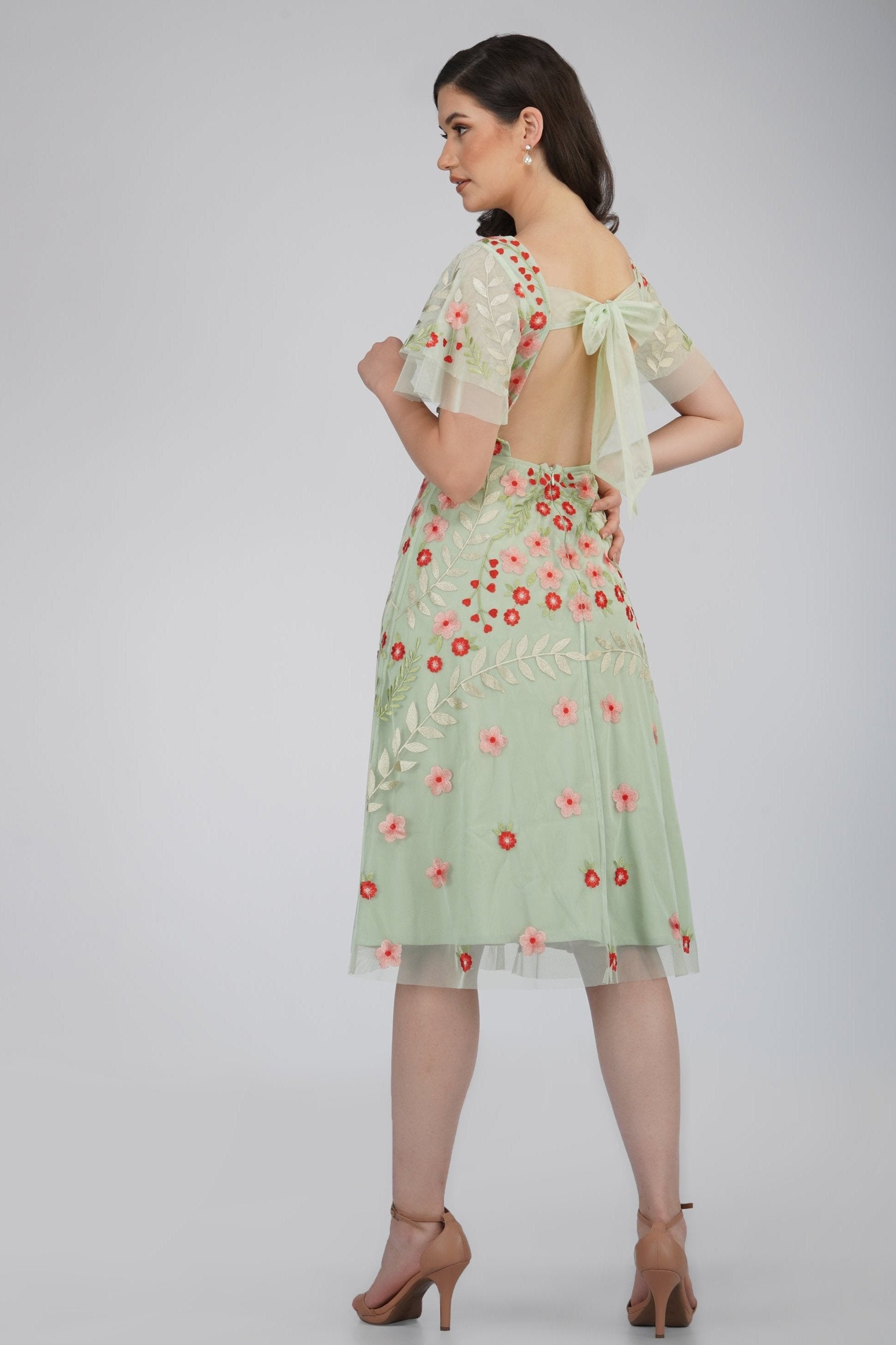 Elegant Calla Sage Green Embroidered Floral Dress for Women | Summer Wedding Guest Dress & Garden Party Outfit