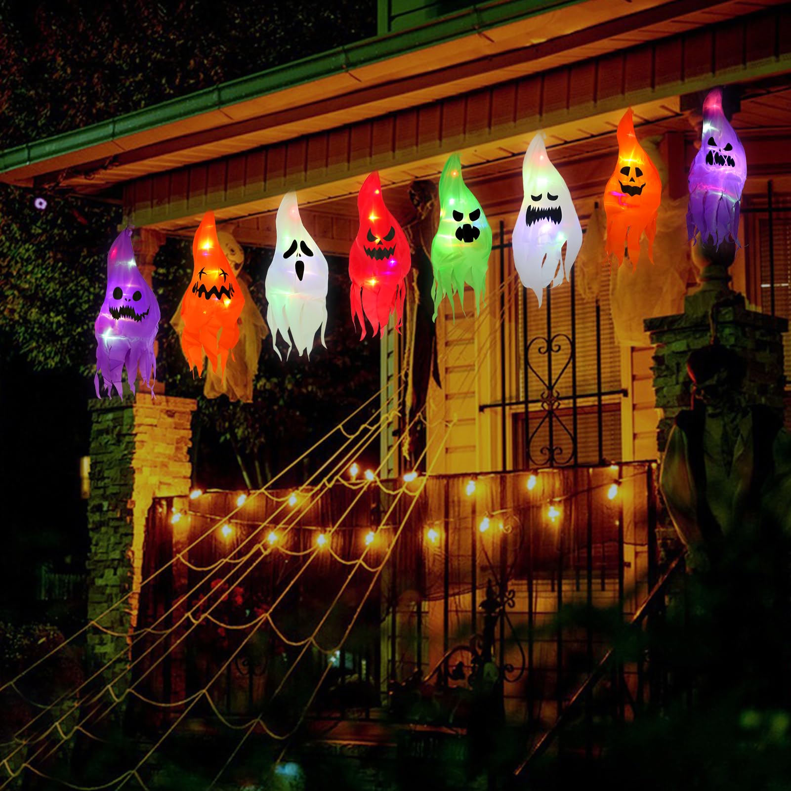 Halloween Hanging Ghost Lights - Outdoor Halloween Decorations with 8 Cute Lighted Ghosts for Front Yard, Patio, Lawn & Garden - Spooky Party & Home Decor