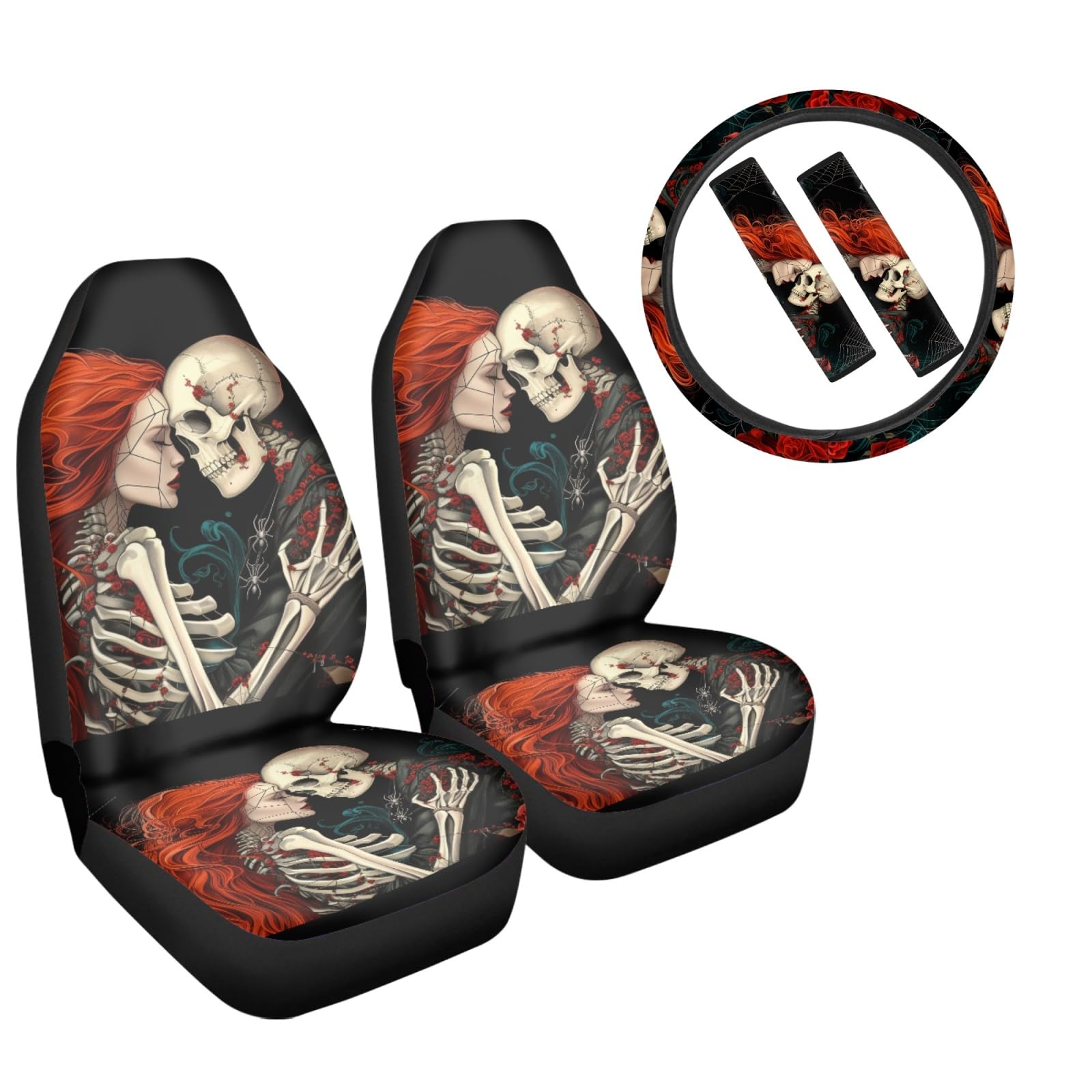Scary Skull Skeleton Halloween Car Seat Covers Set - 5 Piece Universal Fit Auto Interior Accessories with Steering Wheel Cover & Seatbelt Pads for Most Vehicles | Perfect for Halloween Decorations, Themed Parties & Spooky Car Rides