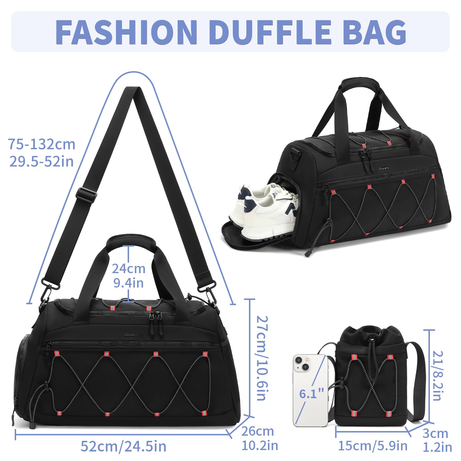**Women's 40L Gym Bag with Shoe Compartment - Sports Travel Duffel Backpack, Carry-On Weekender Overnight Bag for Workout, Fitness & Travel - Perfect for Gym, Yoga, Swimming & Weekend Getaways (Black)**