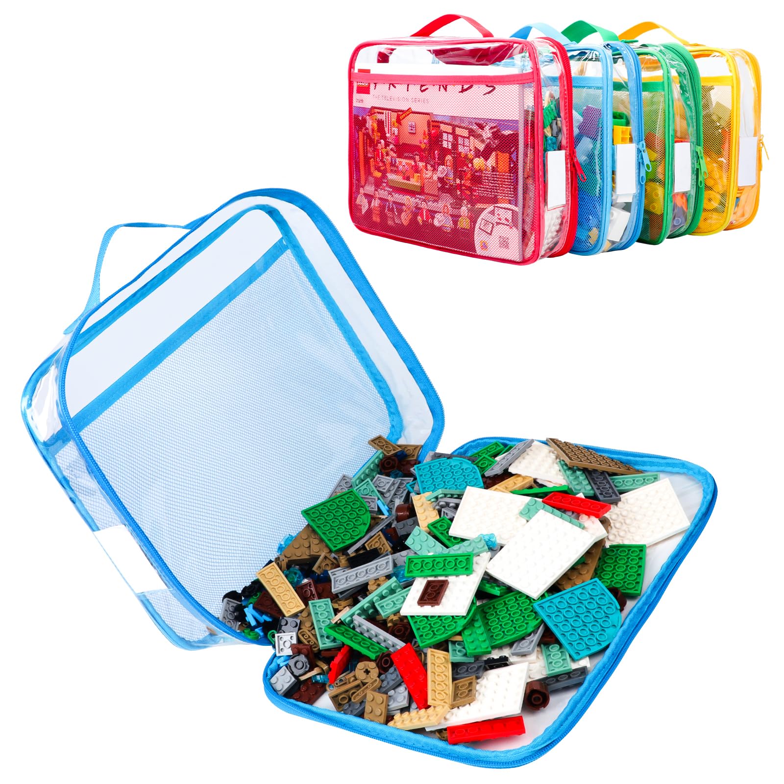 4 Pack Clear PVC Zippered Toy Storage Organizer Bags for Lego Bricks - Large Colorful Waterproof Carrying Case with Manual Pocket & Name Tag - Perfect for Board Games, Building Blocks & Kids' Toy Organization