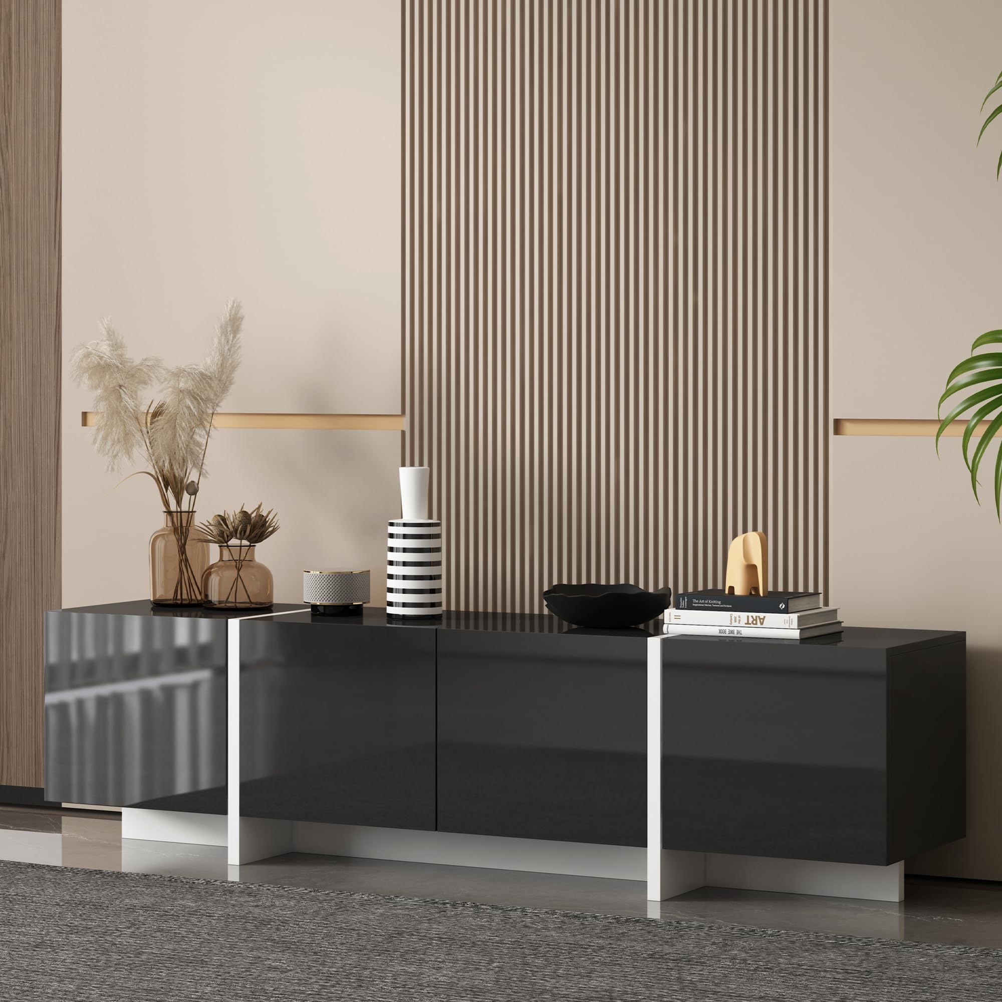 Modern TV Stand for 65 70 75 Inch TVs - Black Entertainment Center with Storage & Adjustable Hinge, Living Room TV Console Table - Perfect for Home Theater Setup & Family Entertainment Spaces
