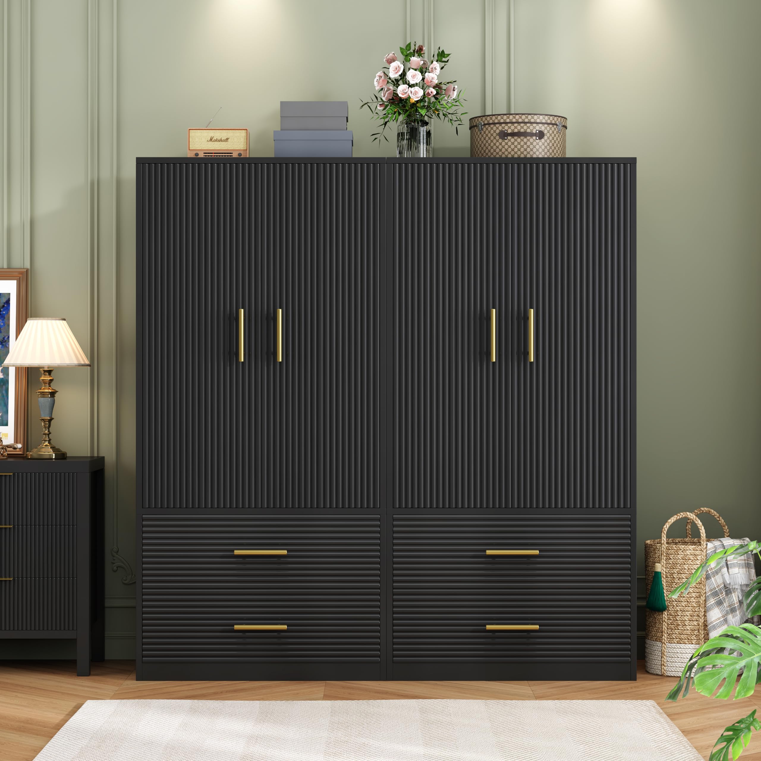 2-Door Freestanding Wardrobe Closet with Hanging Rod & 2 Drawers - Farmhouse Style Storage Cabinet for Bedroom, Black - Perfect for Small Spaces, Guest Rooms & Dorm Organization