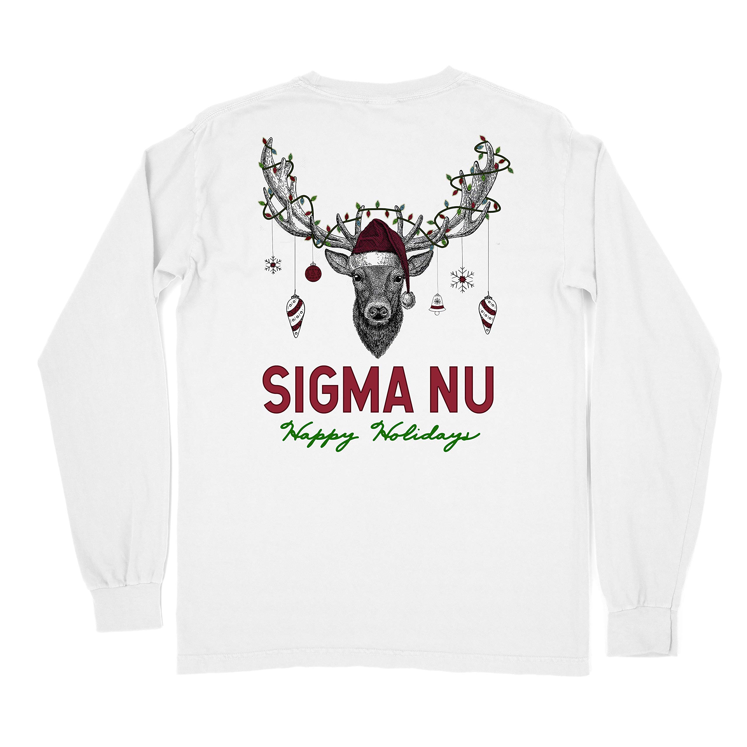 Sigma Nu Fraternity Happy Holidays Comfort Colors Long Sleeve T-Shirt - Soft Cotton Crewneck Pullover for College Greek Life, Christmas Parties & Winter Events