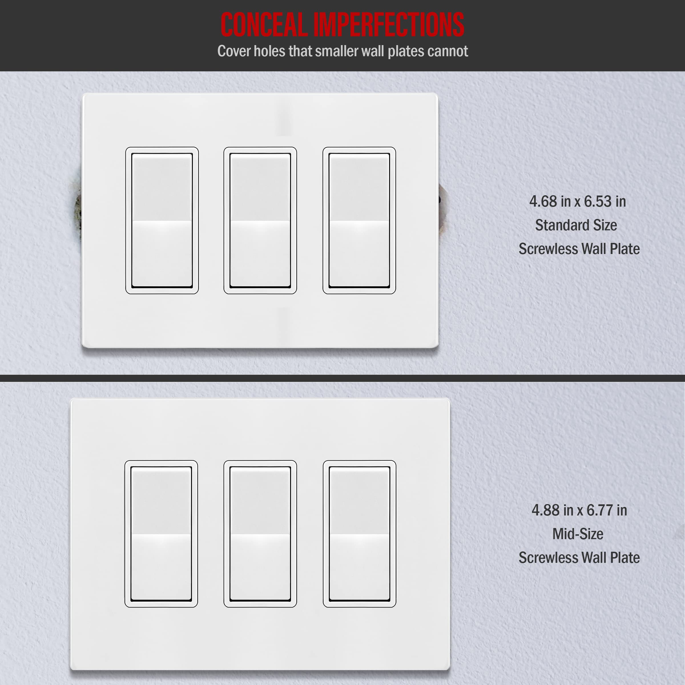 ENERLITES Screwless Decorator Wall Plates - Child Safe Outlet Covers, Glossy White Finish, Medium Size 3-Gang (4.88