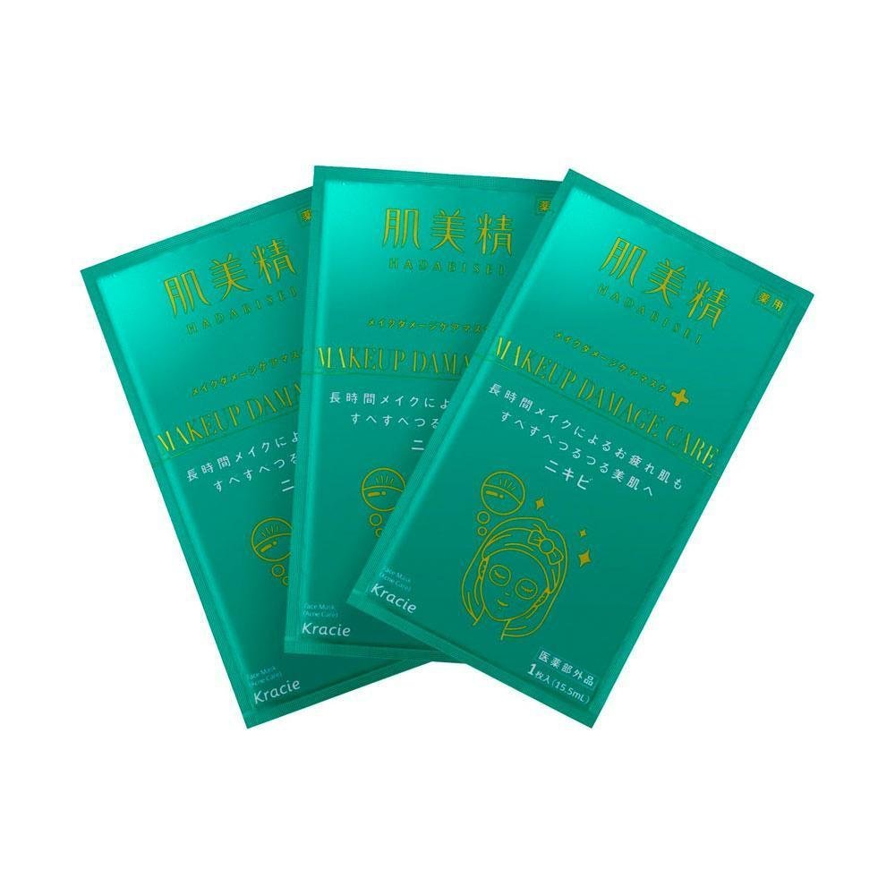 Kracie Hadabisei Makeup Damage Care Mask for Acne - 3 Sheets - Hydrating & Soothing Facial Sheet Mask for Sensitive Skin - Perfect for Post-Makeup Skin Recovery & Breakout Relief