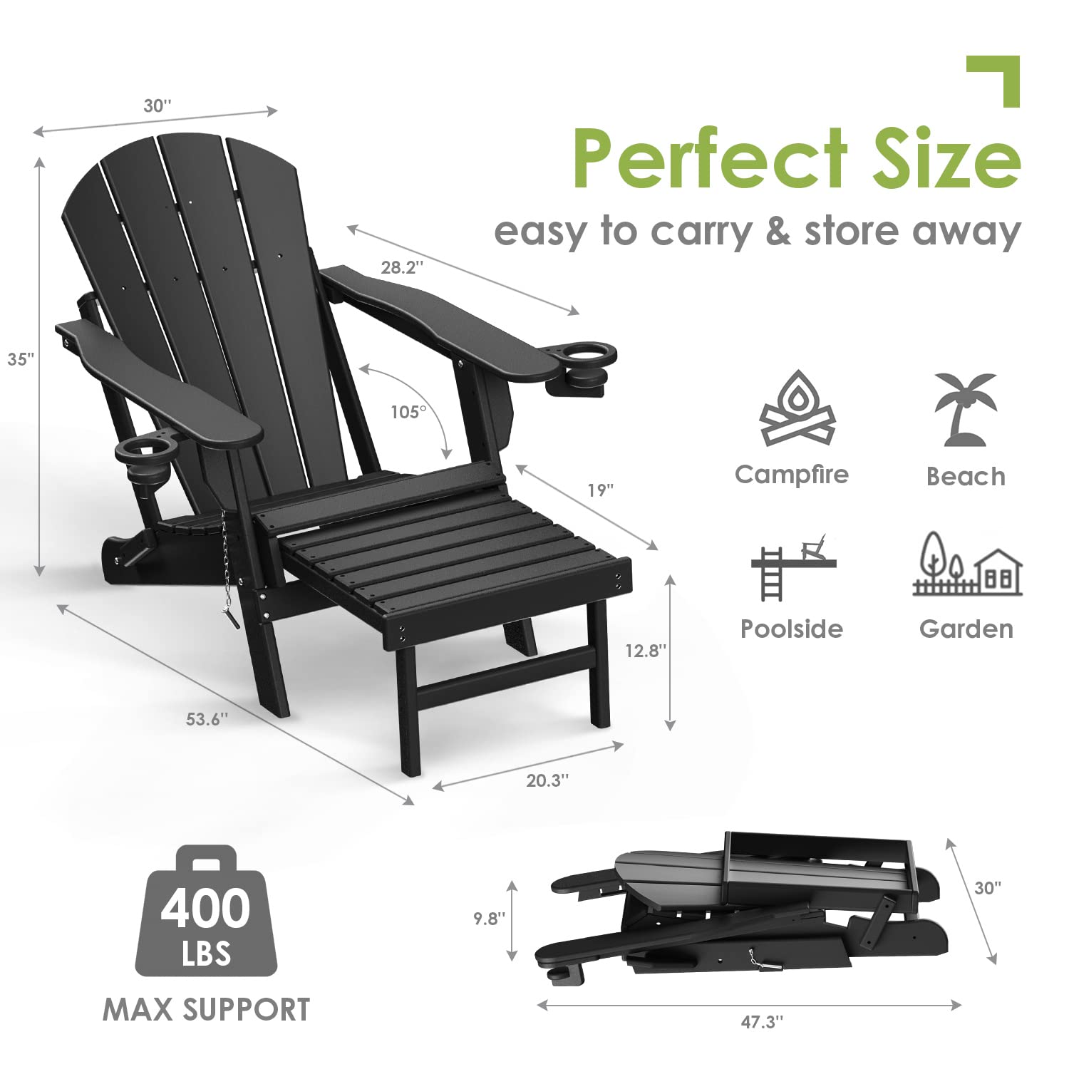 Premium Folding Adirondack Chair with Ottoman & Retractable Footrest - All-Weather HDPE Plastic Outdoor Lounge Chair for Poolside, Patio, Garden & Fire Pit - Includes Cup Holders (Black)