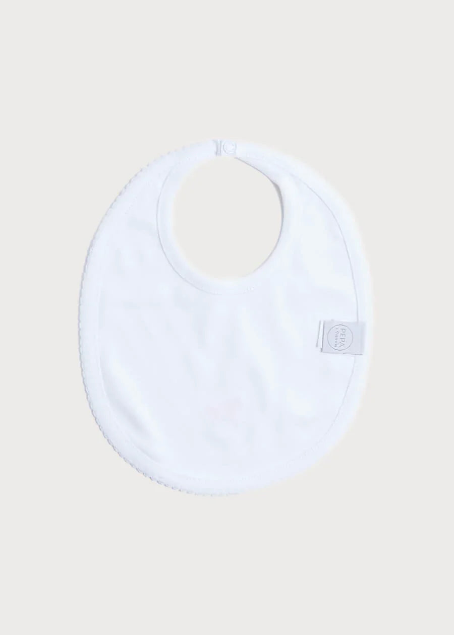 White Baby Bib with Beige Embroidered Rocking Horse Design - Soft Cotton Drool Bib for Infants & Toddlers - Perfect for Feeding Time, Teething, and Everyday Use
