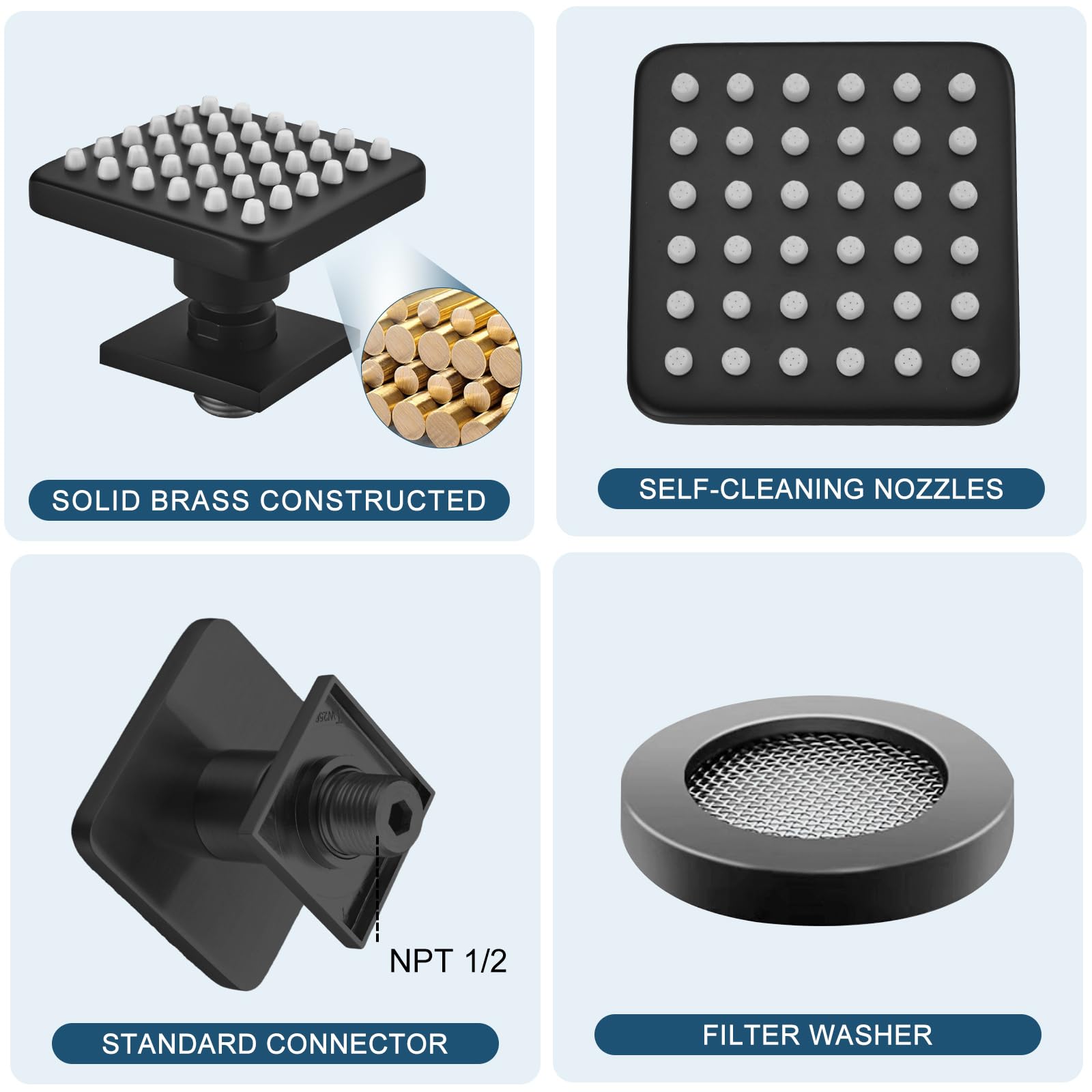 Oupukle 3 Inch Brass Square Shower Body Spray Jets - 36 Silicone Massage Heads & 216 Spout Holes - NPT 1/2