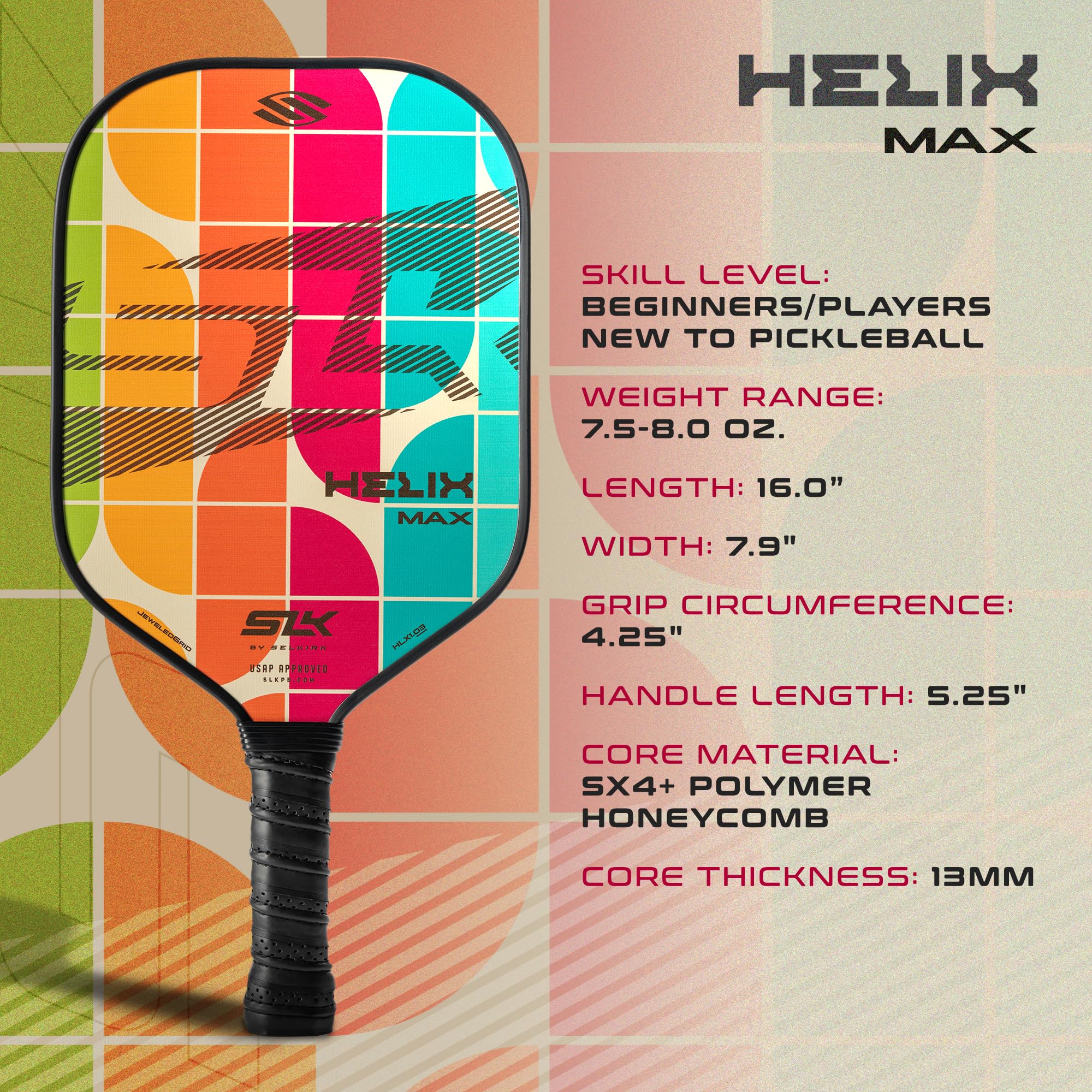 2024 SLK Helix Pro Pickleball Paddle - Premium Carbon Fiber & Fiberglass Hybrid Face with Thermoformed Core for Ultimate Control | Perfect for Competitive Play & Recreational Games