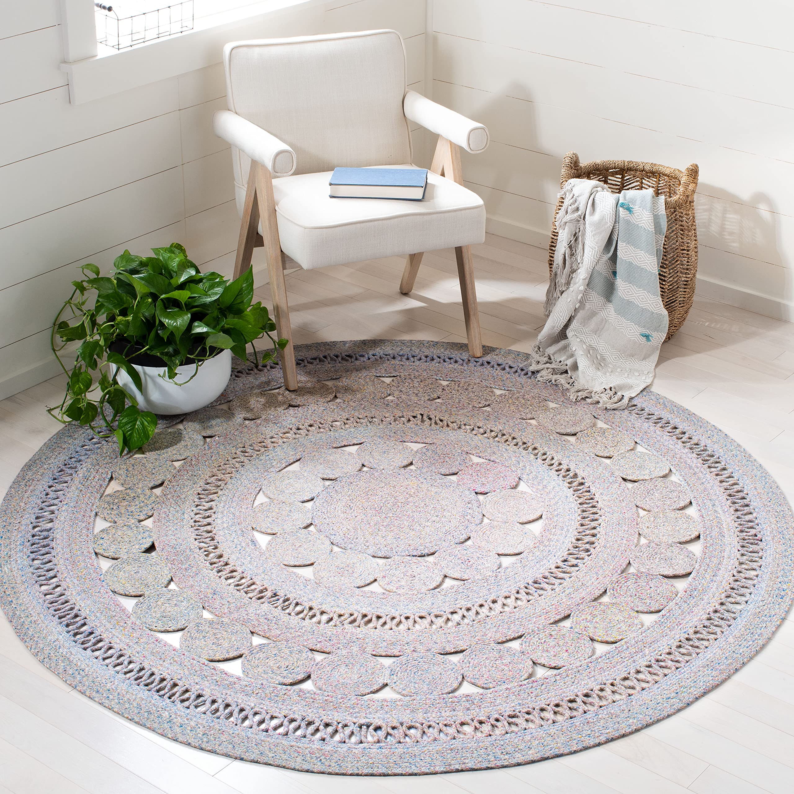 SAFAVIEH Cape Cod Collection 7-Foot Round Handmade Braided Area Rug - Soft Pink & Blue Coastal Design (CAP222R) | Perfect for Living Room, Bedroom or Nursery Decor