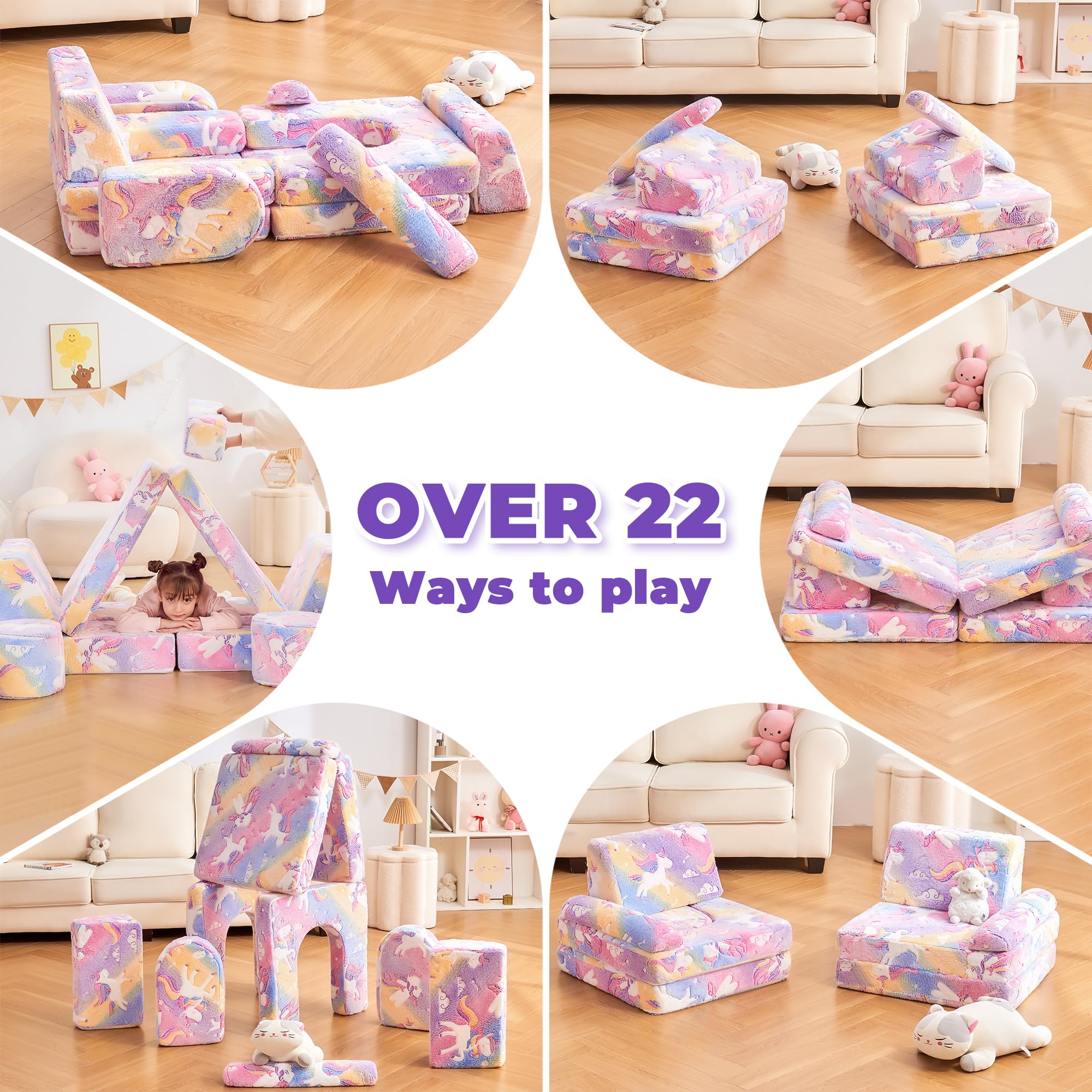 14-Piece Modular Kids Play Couch - Convertible Toddler Sectional Sofa with Blue Glow Foam Cushions for Boys & Girls | Playroom, Bedroom & Nursery Furniture | Unicorn-Themed Floor Cushion for Reading Nook & Playtime