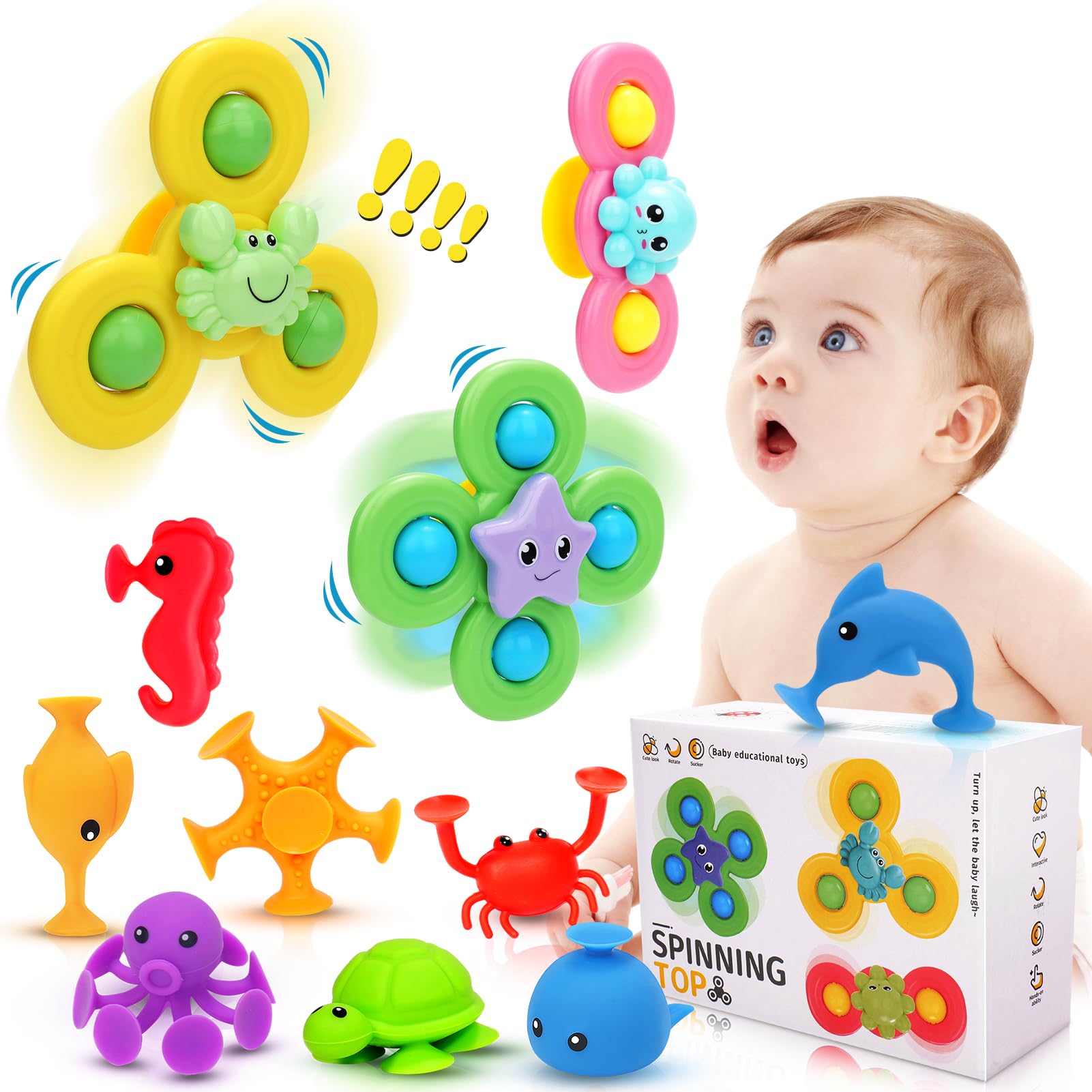11 Pcs Suction Cup Spinner Toys for Babies & Toddlers - Window, Bath & Travel Sensory Toys for 3+ Year Old Kids - Fun Airplane & Car Themed Spinning Toys for Car Rides, Bathtime & Home Play