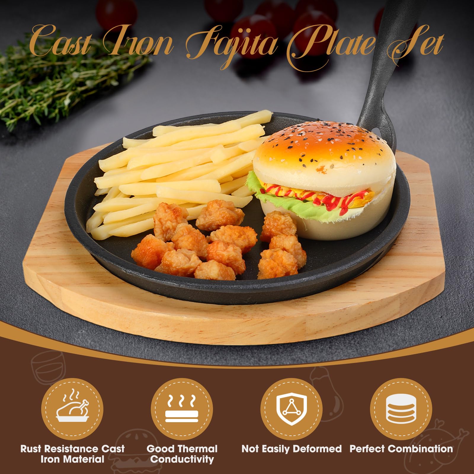 6-Piece Cast Iron Fajita Plate Set with Wooden Base - Anti-Scald Protection & Removable Handle - 8.7 Inch Sizzling Skillets for Home, Restaurant & BBQ - Perfect for Sizzling Fajitas, Steak, Seafood & Sizzler Dishes at Parties & Outdoor Cooking