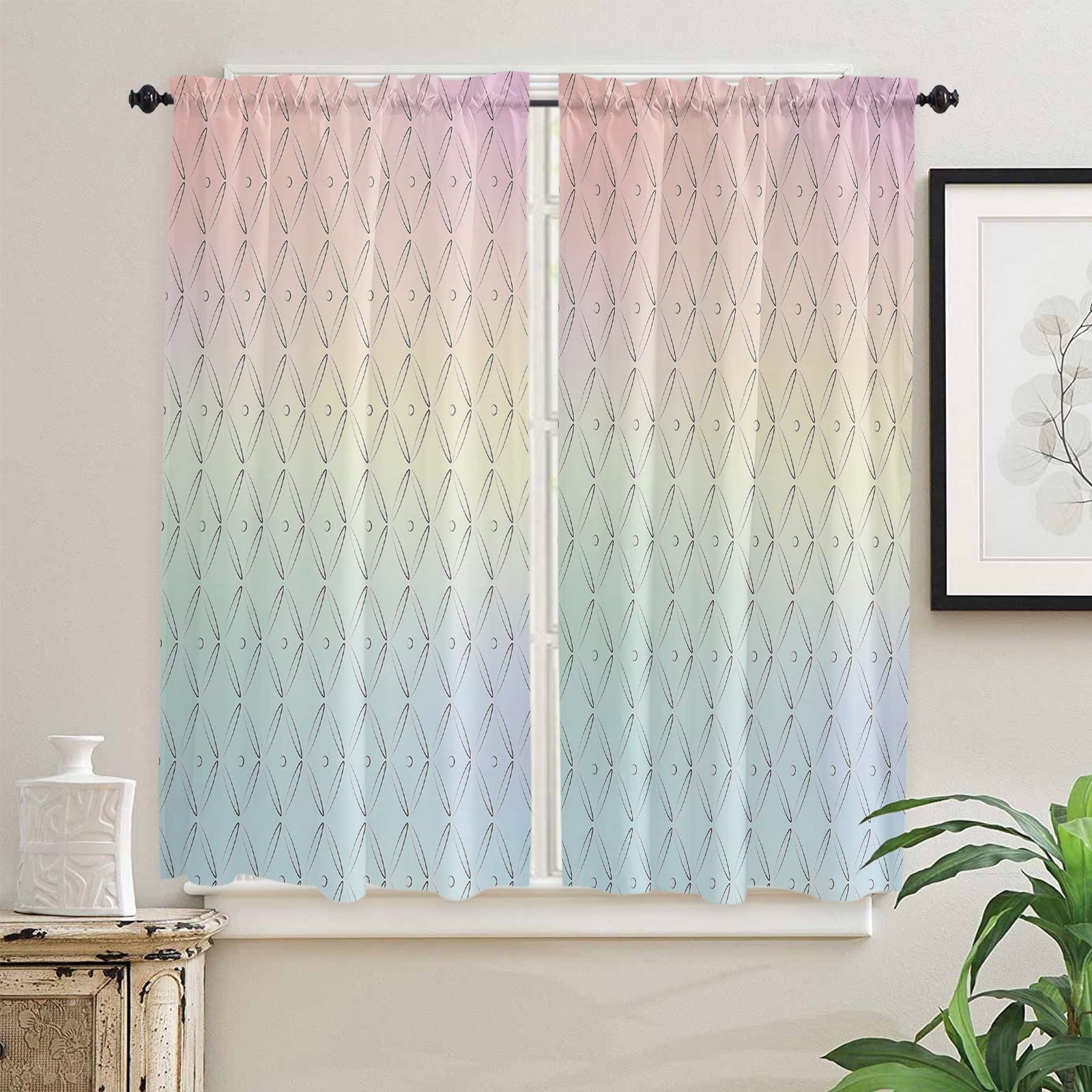 Rainbow Ombre Black Herringbone Geometric Window Curtains - Light Filtering Modern Bathroom Kitchen Bedroom Living Room Drapes 84x63 Inches 2 Panels Set for Home Decor & Privacy