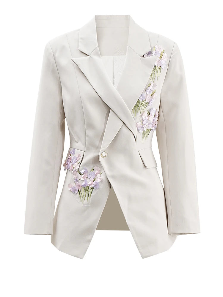 Apricot Floral Blazer & Wide Leg Pants Women's Two-Piece Suit Set - Long Sleeve Lapel Jacket with High Waist Trousers | Spring/Fall 2025 Fashion Trend | Office Wear, Business Casual, Wedding Guest Outfit