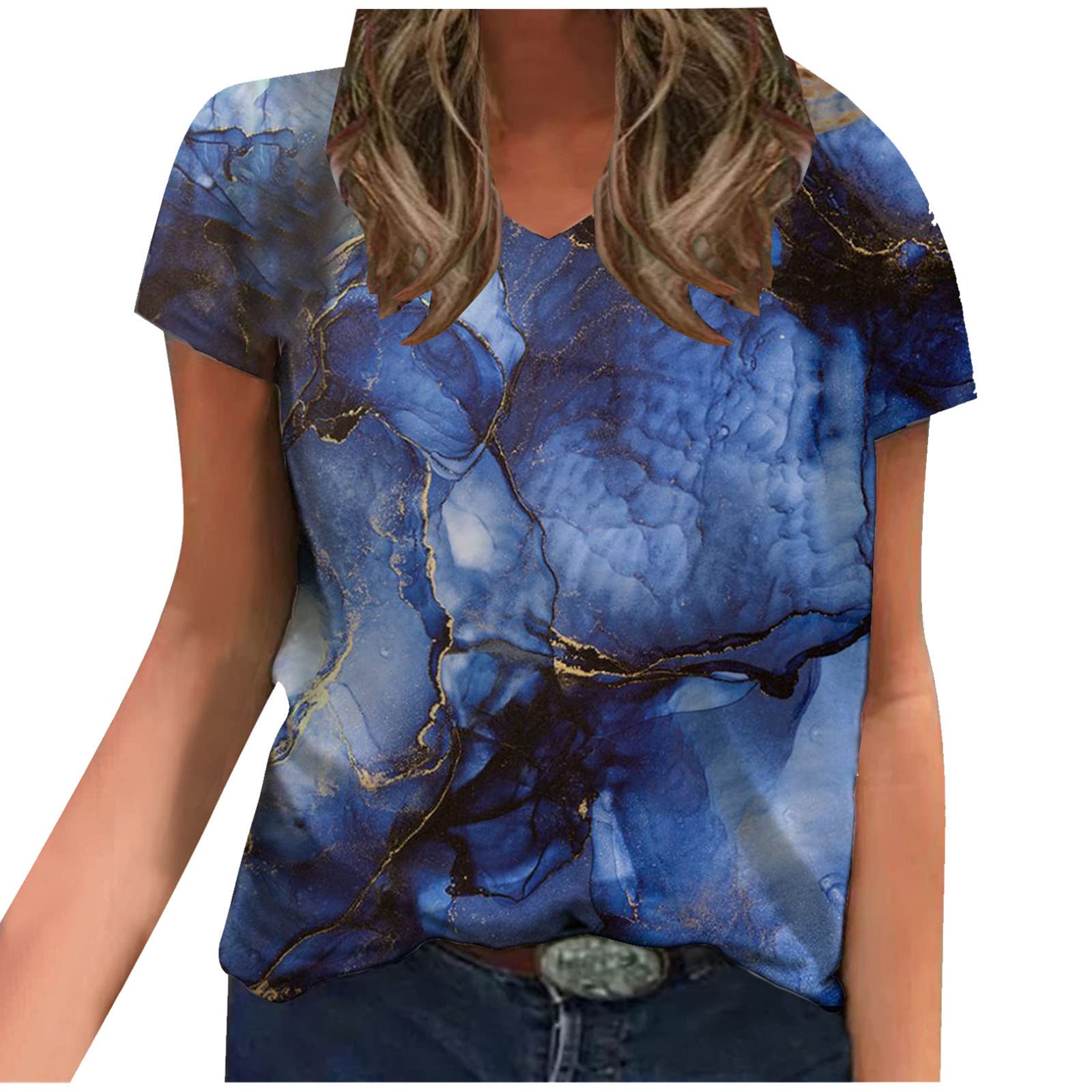 PIMOXV Women's Trendy V-Neck Graphic T-Shirt - Marble Print Short Sleeve Casual Blouse for Spring & Summer | Perfect for Daily Wear, Weekend Outfits and Casual Office Looks