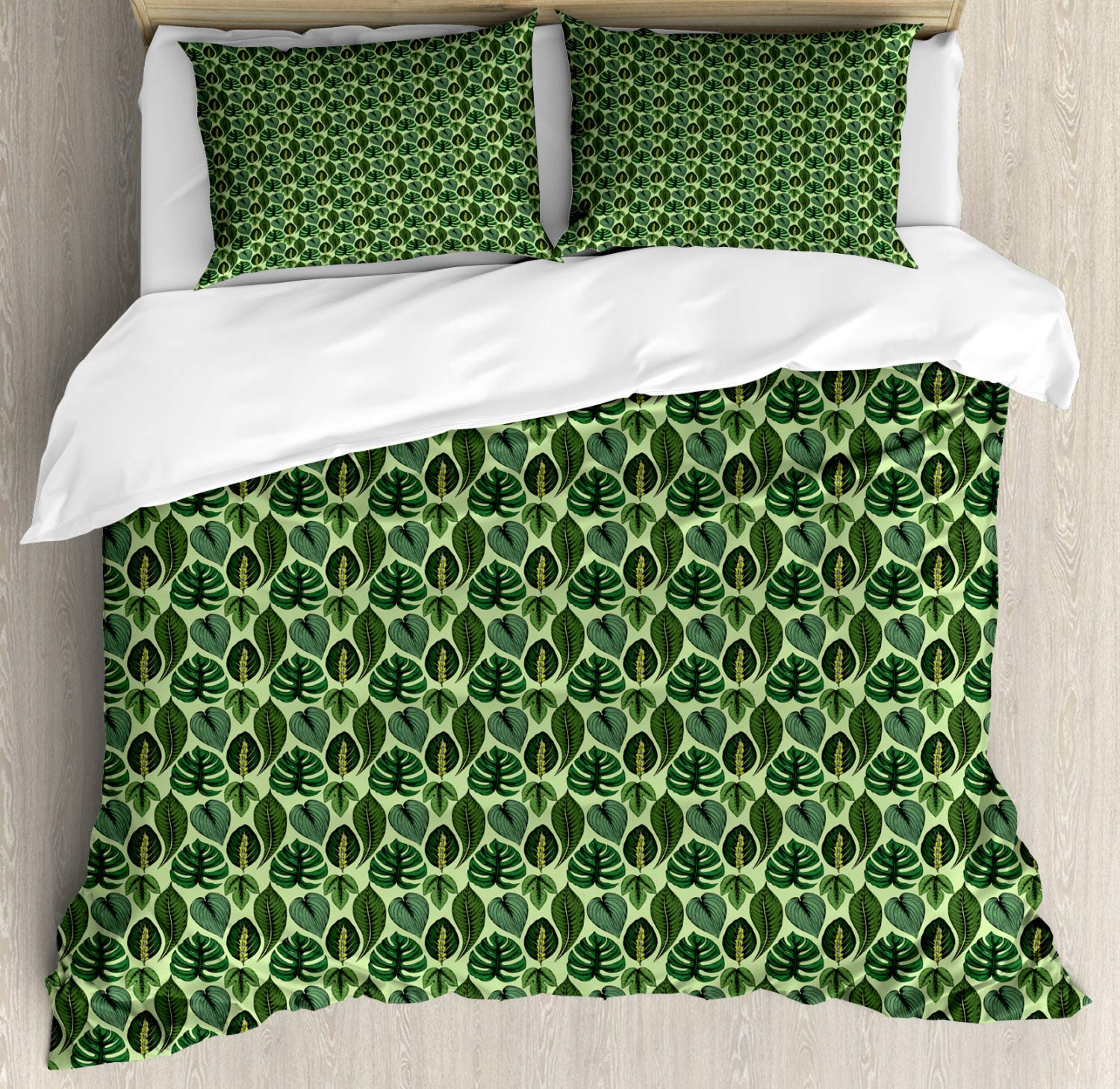 Ambesonne Exotic Duvet Cover Set - Hand Drawn Tropical Palm Leaves & Jungle Plants Design, 3 Piece Bedding Set with 2 Pillow Shams, California King Size, Dark Green - Perfect for Jungle Themed Bedrooms, Boho Home Decor & Tropical Vacation Style Bedrooms