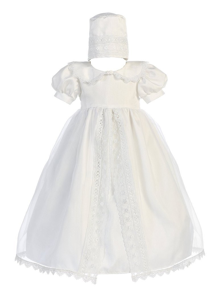 Sweet Pea & Lilli Baby Girl White Shantung Christening Dress with Organza Overlay and Bonnet - Perfect for Baptism, First Communion & Special Occasions