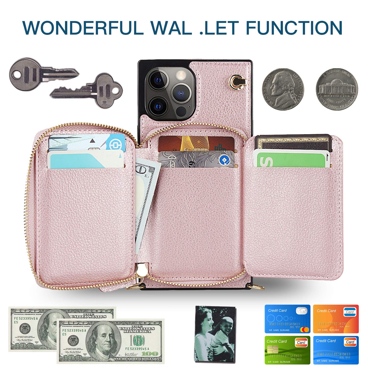 DEFBSC Crossbody Wallet Phone Case for iPhone 12 Pro Max (6.7 Inch) - Rose Gold Zipper Card Holder with Shoulder Strap & Wristlet | Perfect for Travel, Shopping & Everyday Use