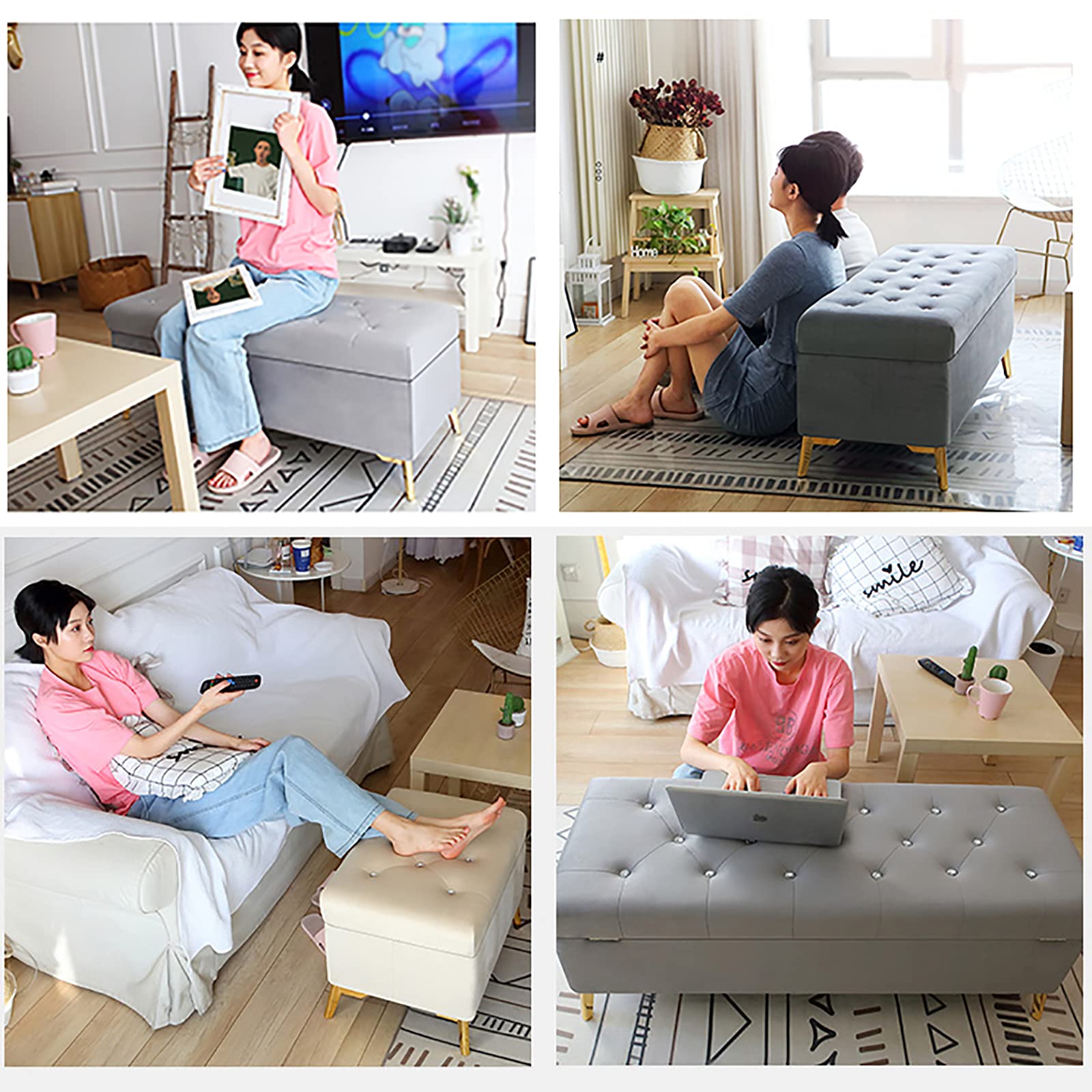 Luxury Velvet Upholstered Storage Ottoman Bench with Crystal Buttons - Blue Tufted Footrest, Shoe Bench & Bedroom Decor (60x42x45cm/24x17x18in) - Perfect for Living Room, Bedroom Footrest, Entryway Shoe Storage & Modern Home Decor