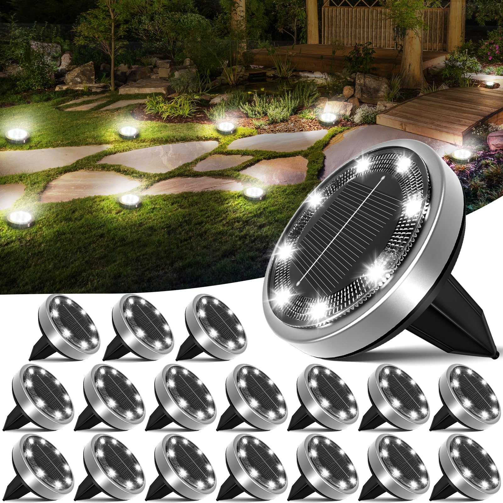 18 Pack Solar Ground Lights Outdoor - 8 LED Waterproof Flat Solar Pathway Lights for Yard, Garden, Walkway, Deck, Patio, Landscape, Lawn & Driveway (Cool White) | Perfect for Nighttime Safety & Outdoor Decor