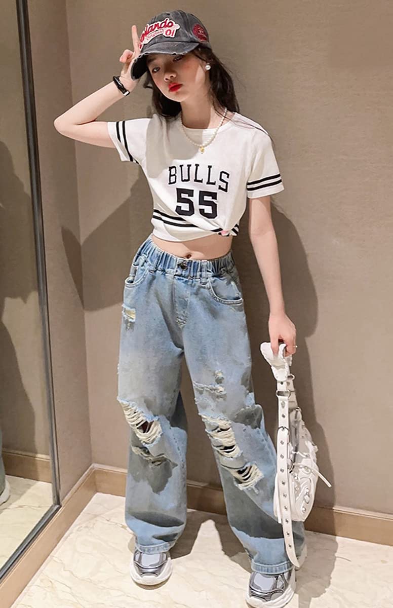 NABER Kids Girls Stretch Elastic Waist Ripped Jeans - Washed Denim Wide Leg Pants for Girls Age 5-15 - Trendy Distressed Denim for School, Play & Everyday Wear