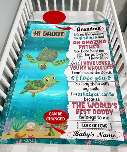 Personalized Baby Turtle 'Hi Daddy' Blanket - Newborn Gift for First Father's Day | Soft Fleece Throw for Dad-to-Be, Newborn Baby & Kids | Perfect for Nursery, Cuddling & Family Photo Shoots