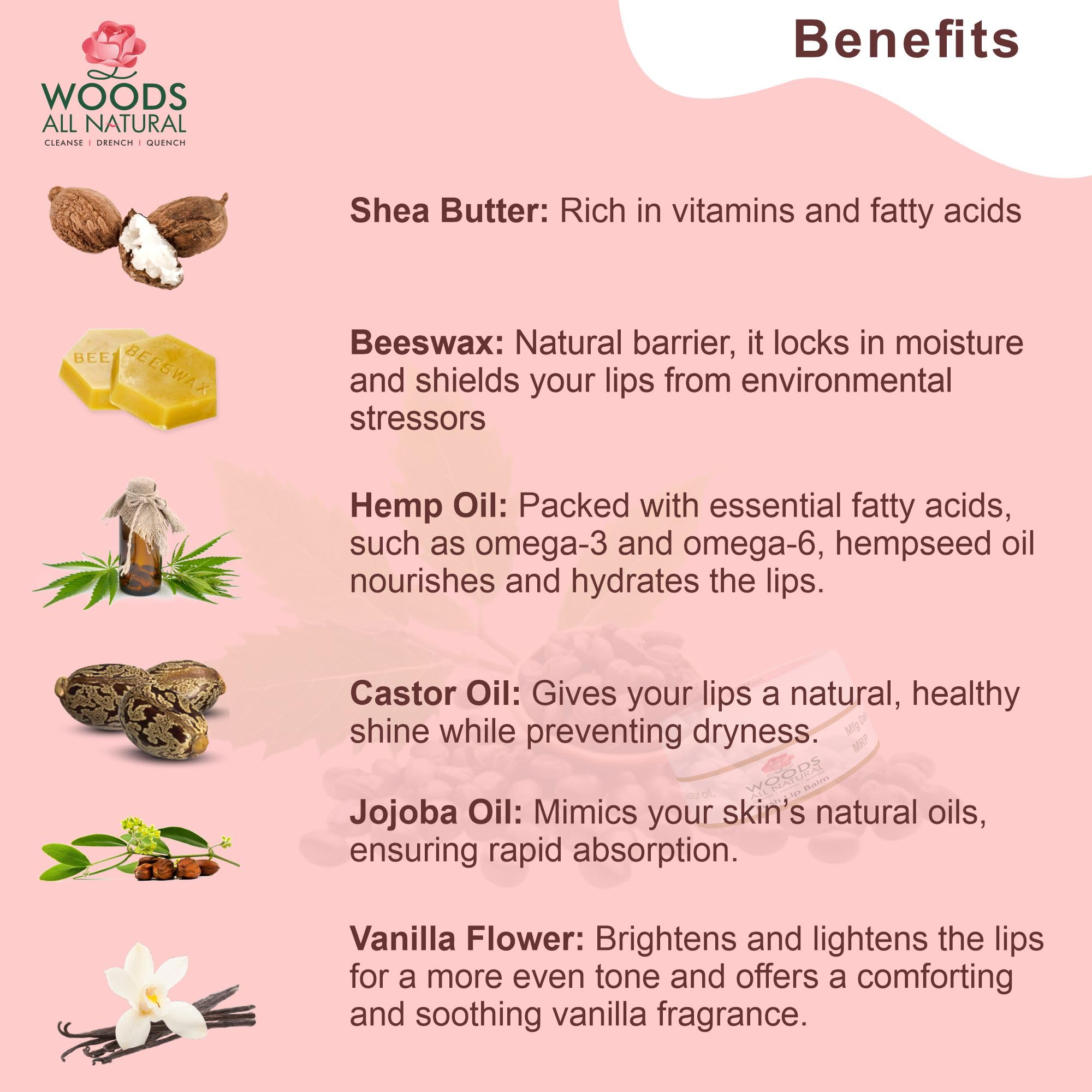 Woods All Natural Lush Lip Balm for Pink Lips - Vitamin E, Shea Butter & Jojoba Oil Lip Care | Hydrating Treatment for Dark & Chapped Lips | SPF Protection | 10g Cosmopolitan | Perfect for Daily Use, Outdoor Activities & Winter Lip Care