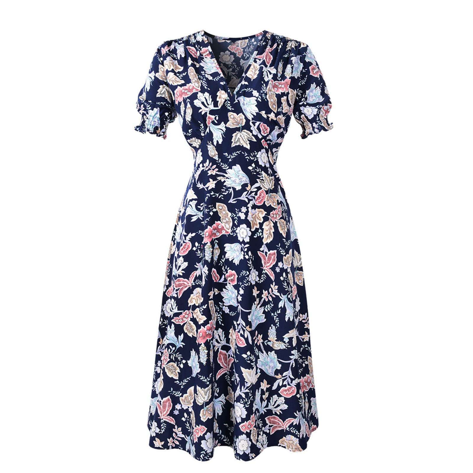 Hoksml Women's Boho Floral Print Maxi Dress - V-Neck Short Sleeve Beach Dress with Side Slit & Pleated Hem | Perfect for Summer Vacations, Beach Parties & Casual Outings