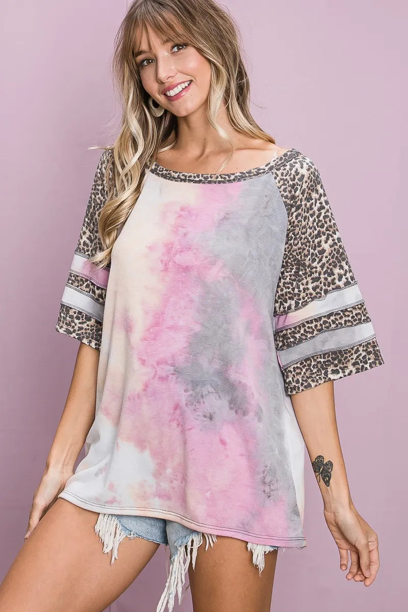 BiBi Tie-Dye French Terry Leopard Sleeve Top | Trendy Women's Casual Shirt | Perfect for Streetwear, Music Festivals & Everyday Fashion