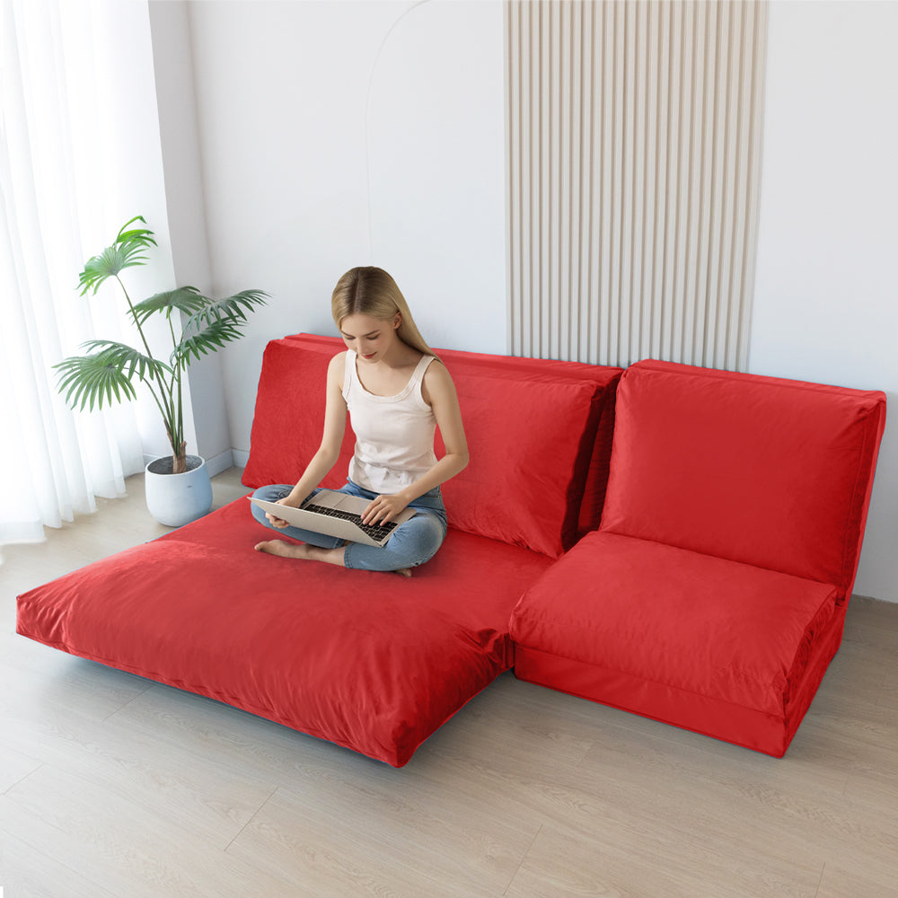 MAXYOYO Velvet Bean Bag Folding Sofa Bed - Washable Cover for Adults, Red | Comfortable Floor Seating for Living Room, Bedroom & Game Room