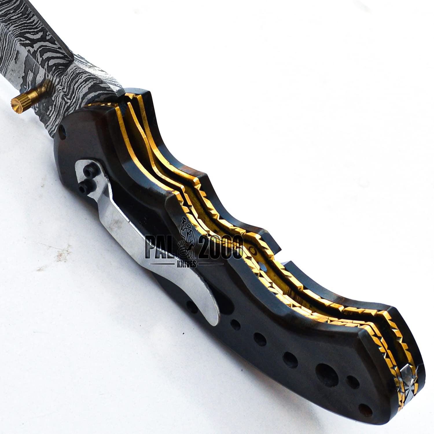 Handmade Damascus Steel 8 Inch Folding Pocket Knife - Horn Handle with Sheath | Hunting, Camping & Outdoor Survival Tool | PAL 2000 KNIVES POC-9844