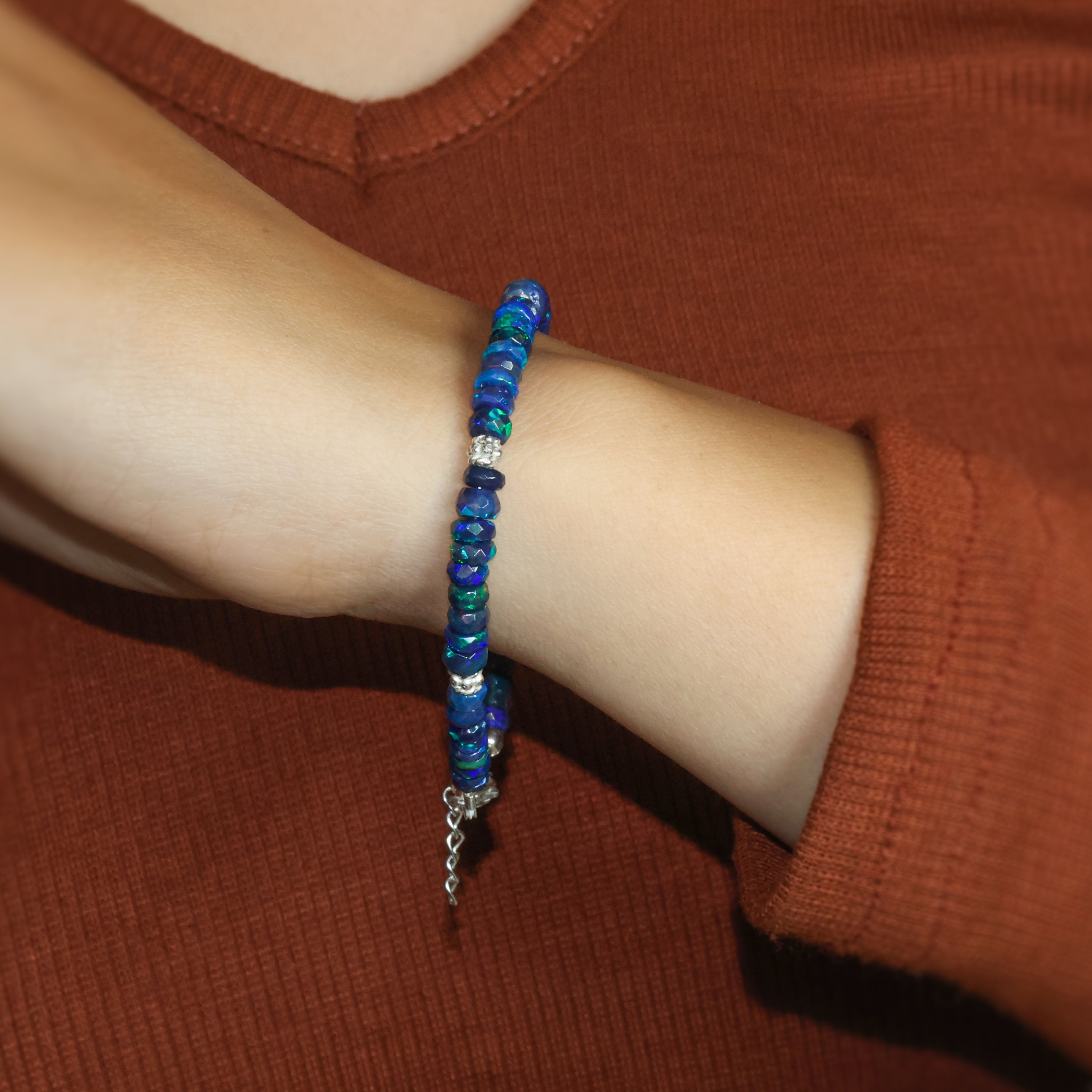 Natural Black Opal Beaded Bracelet with Faceted Separators - Elegant Handmade Jewelry for Women, Gift for Birthday, Anniversary & Special Occasions