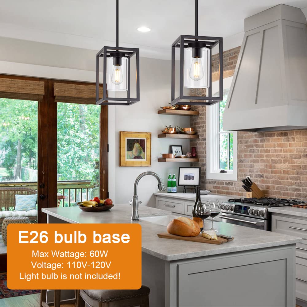 VINLUZ Black Cage Farmhouse Pendant Light with Glass Shade - Modern 1-Light Kitchen Island Chandelier for Dining Room, Living Room & Home Decor | Rustic Industrial Ceiling Hanging Fixture for Farmhouse, Loft & Contemporary Spaces