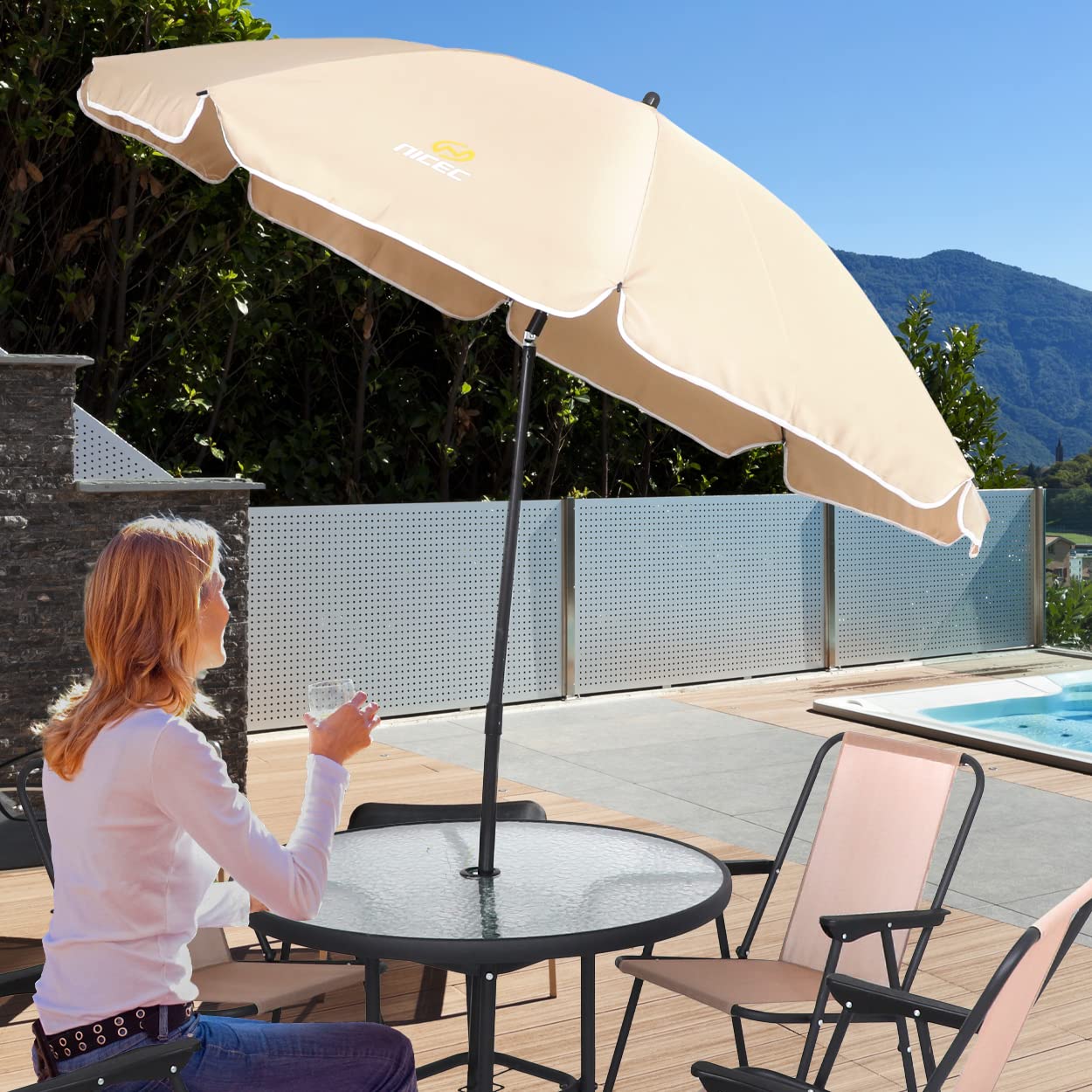 **Premium 6-Piece Outdoor Dining Set - Beige Patio Furniture with Tilted Removable Umbrella, Tempered Glass Table & 4 Foldable Chairs - Perfect for Backyard BBQs, Poolside Gatherings & Garden Parties**