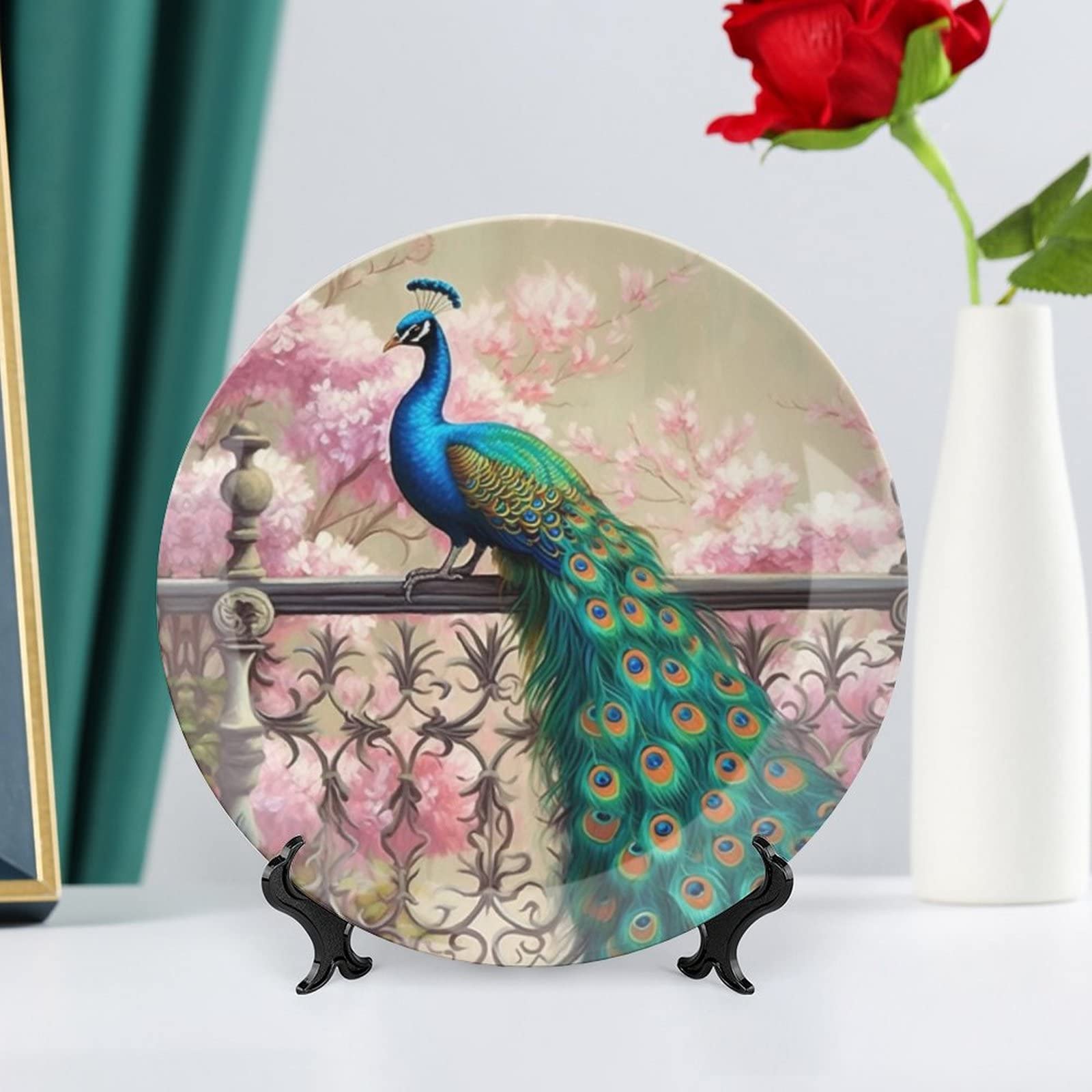 Elegant Peacock Bone China Decorative Plate with Stand - Handcrafted Ceramic Wall Art for Home, Office & Club Decor | Perfect for Dining Room Display, Wedding Gift & Luxury Interior Design