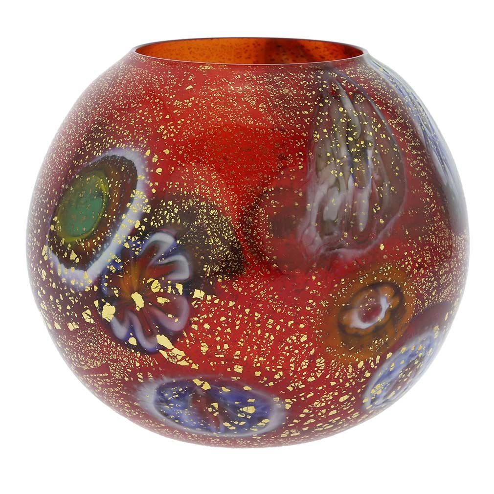 Authentic Murano Glass Millefiori Votive Candle Holder - Handcrafted in Venice, Italy | Elegant Red Glass Home Decor for Dining Table, Wedding Centerpiece & Romantic Ambiance