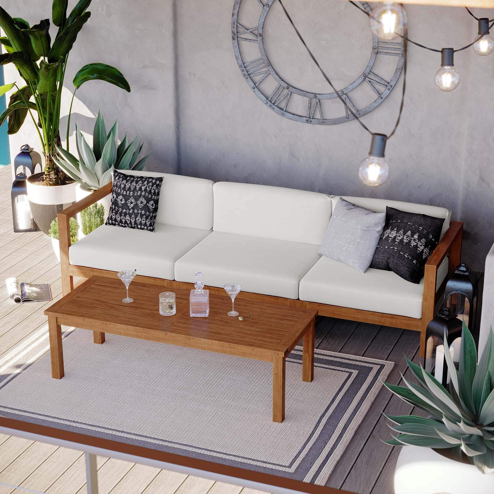 Modway EEI-4257-NAT-WHI-SET 4-Piece Teak Wood Patio Furniture Set with Sofa & Coffee Table in Natural White - Perfect for Outdoor Living, Garden, Poolside & Backyard Relaxation