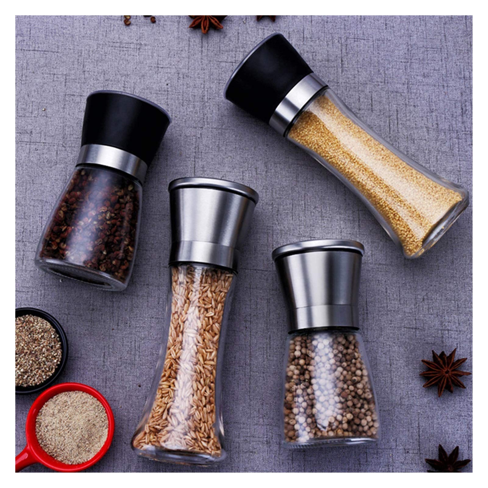 Premium Stainless Steel Salt and Pepper Grinder Set - Manual Adjustable Spice Mill for Kitchen, Herb Grinder with Glass Spice Jar Containers - Perfect for Cooking, Baking, and Seasoning Dishes