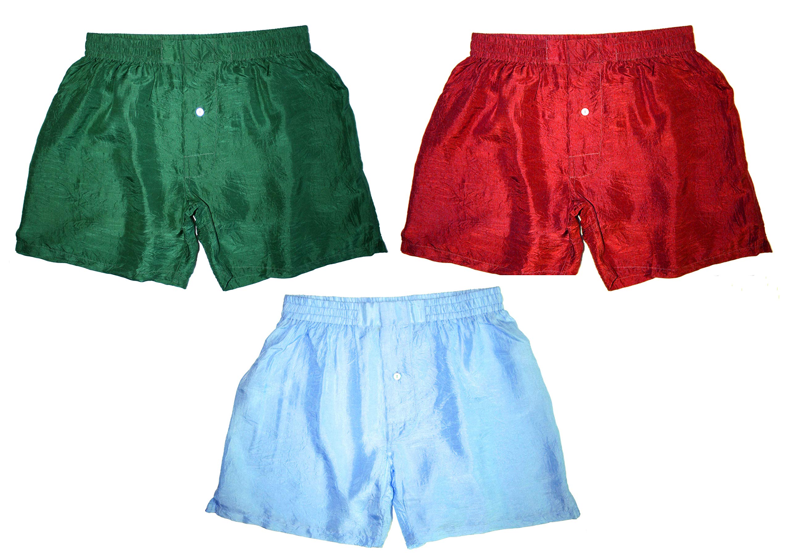 Premium 100% Pure Silk Boxer Shorts for Men - 3-Pack (Red, Green, Blue) - Soft Breathable Underwear Sizes S-3XL - Luxury Sleepwear & Comfortable Lounge Wear for Everyday Use