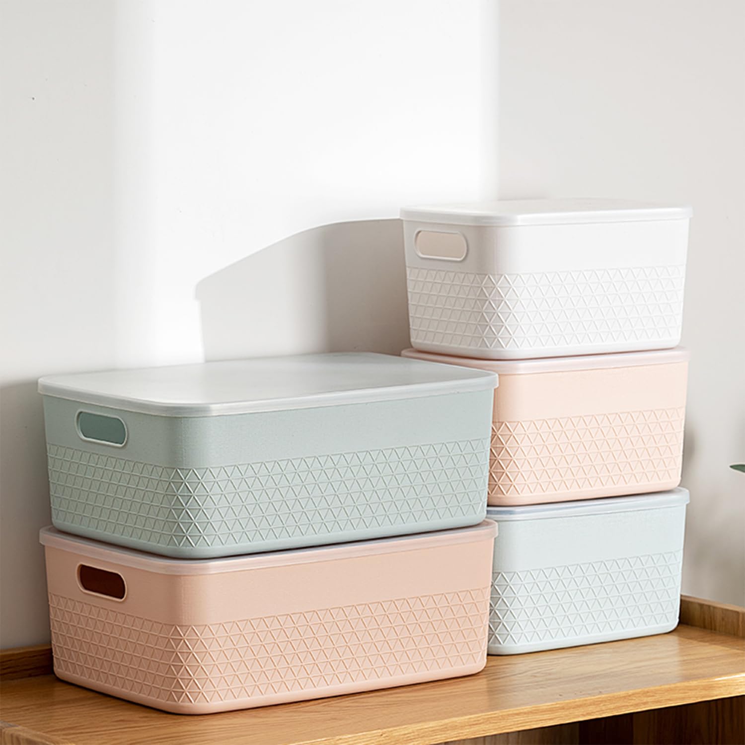 HANAMYA 9 Liter Lidded Storage Bins Set of 4 - Foldable Organizing Containers for Home & Office - Perfect for Closet, Pantry, Toy, and Craft Storage (Off White)