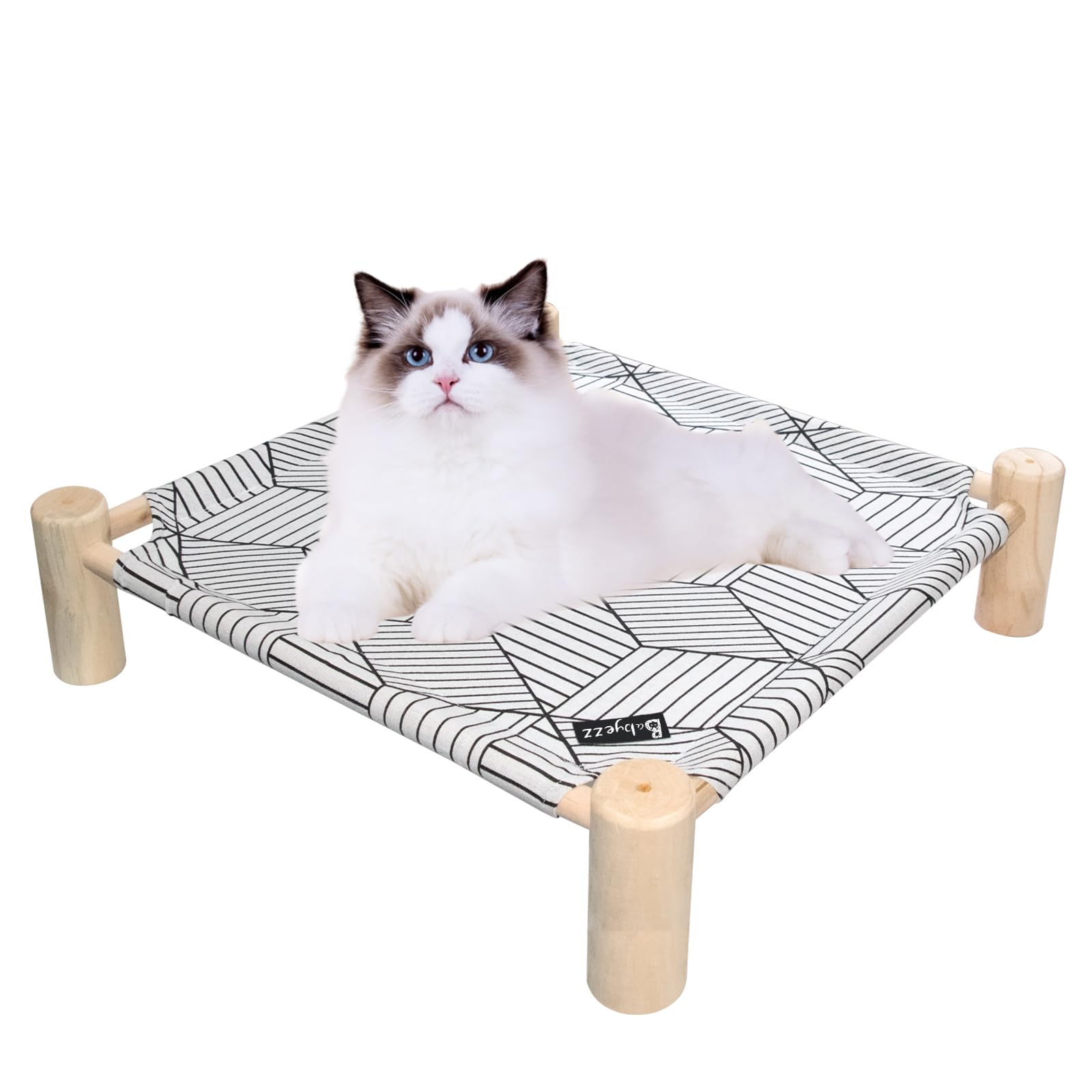 **Wooden Elevated Pet Hammock Bed - Breathable & Detachable for Cats, Dogs, Bunnies & Small Animals - Portable Indoor/Outdoor Use - White Diamond Design - Perfect for Lounging, Napping & Relaxation**